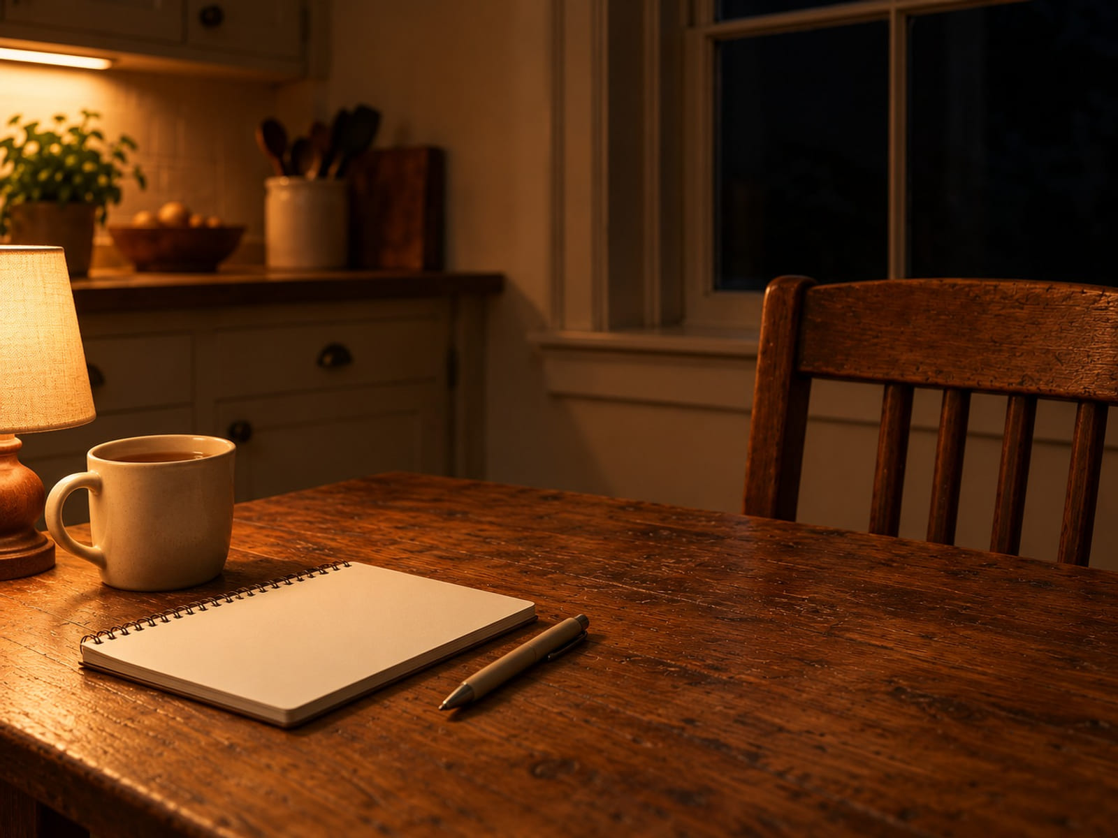 A kitchen table at night with a blank notepad, a pen and a mug of tea under a small lamp