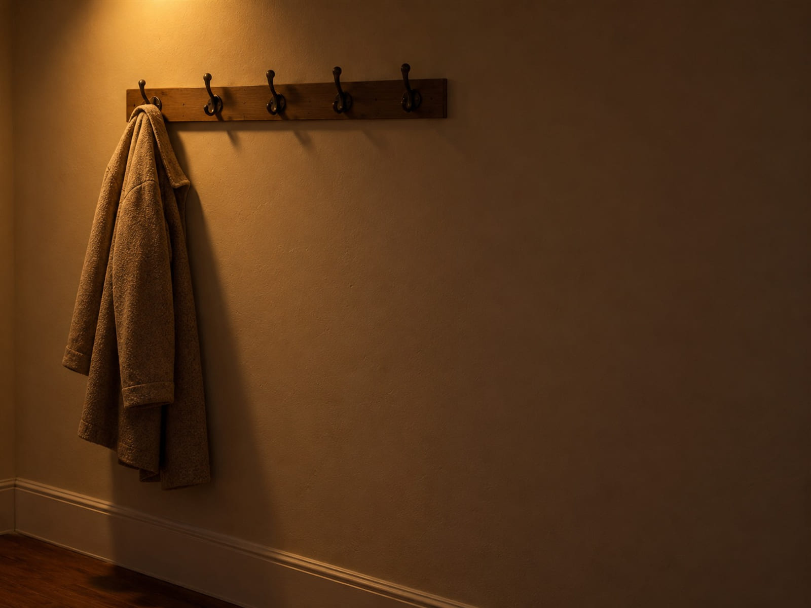 A single coat left on a row of empty wall hooks in a quiet hallway
