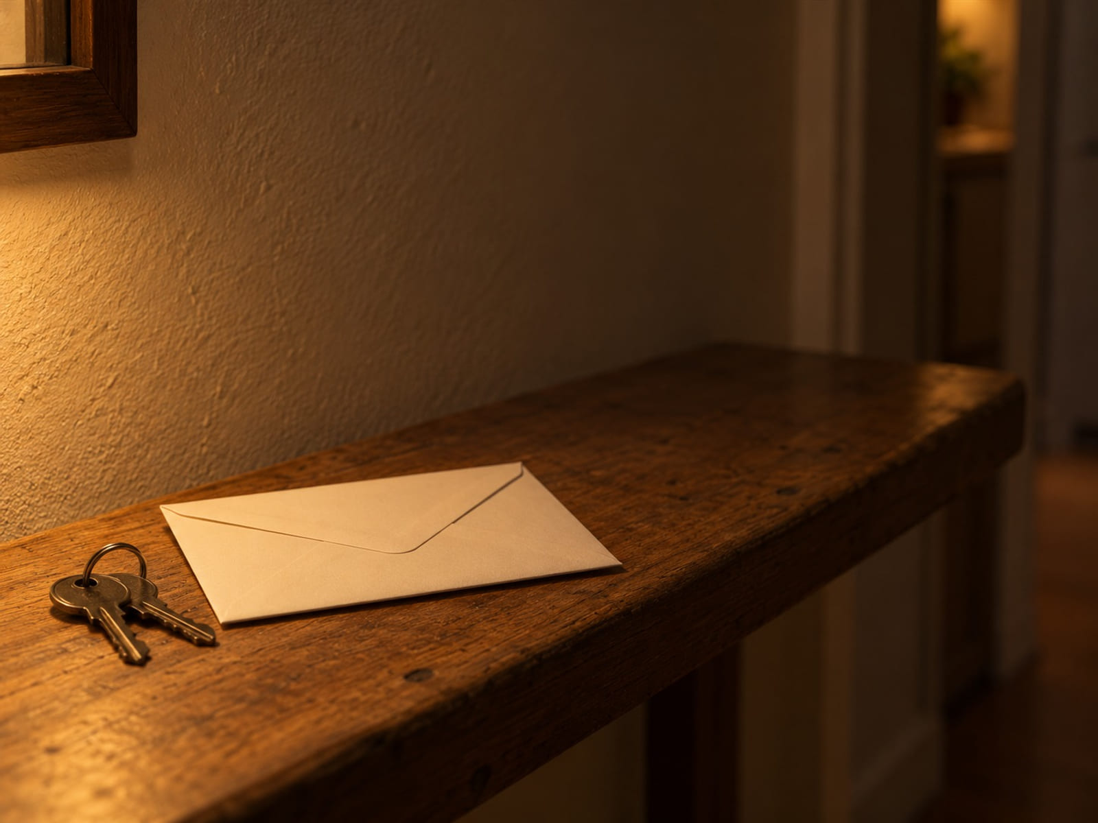 A sealed blank envelope resting on a hallway shelf beside a set of keys