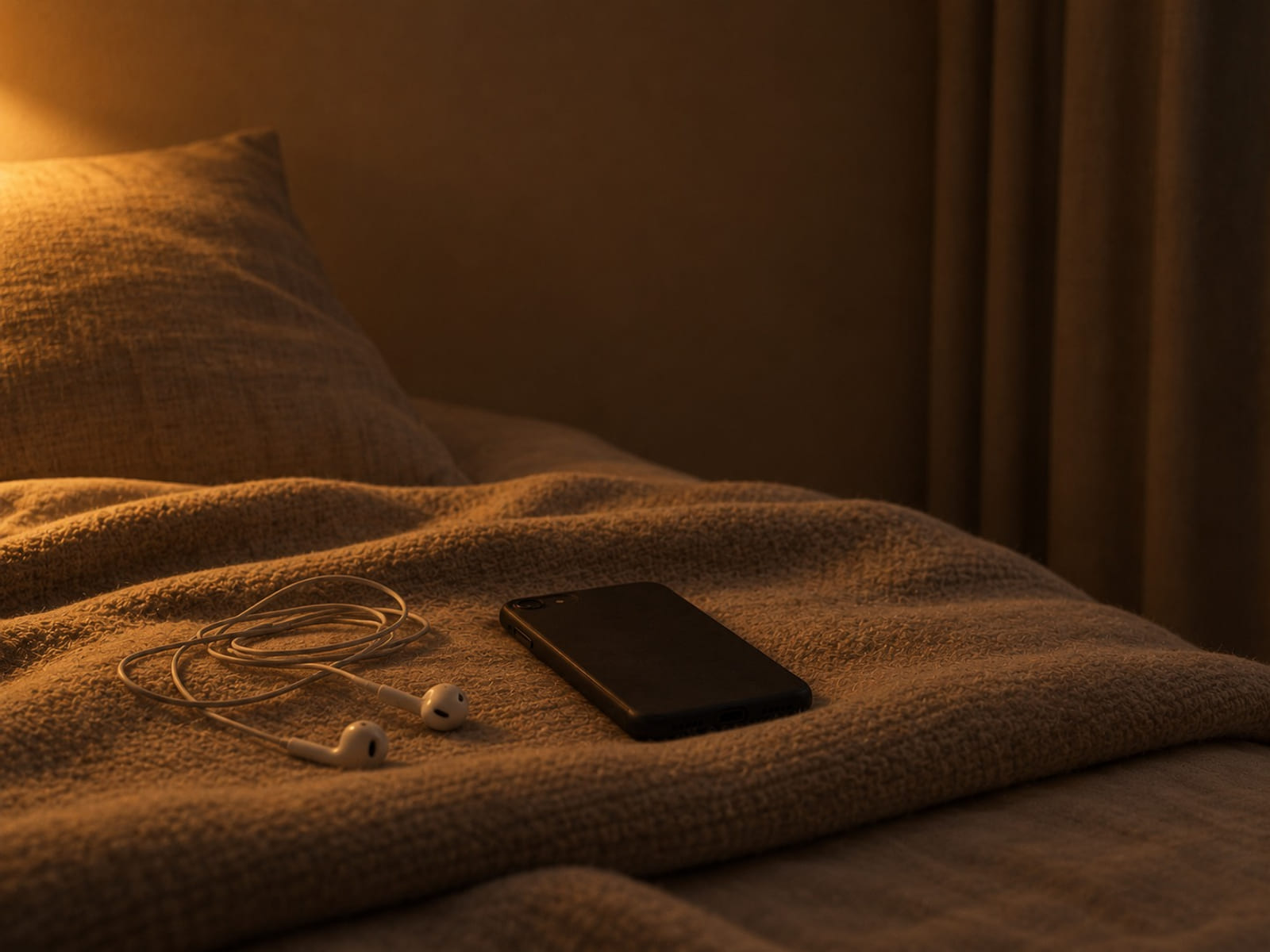 Earbuds coiled beside a phone lying face down on a folded blanket