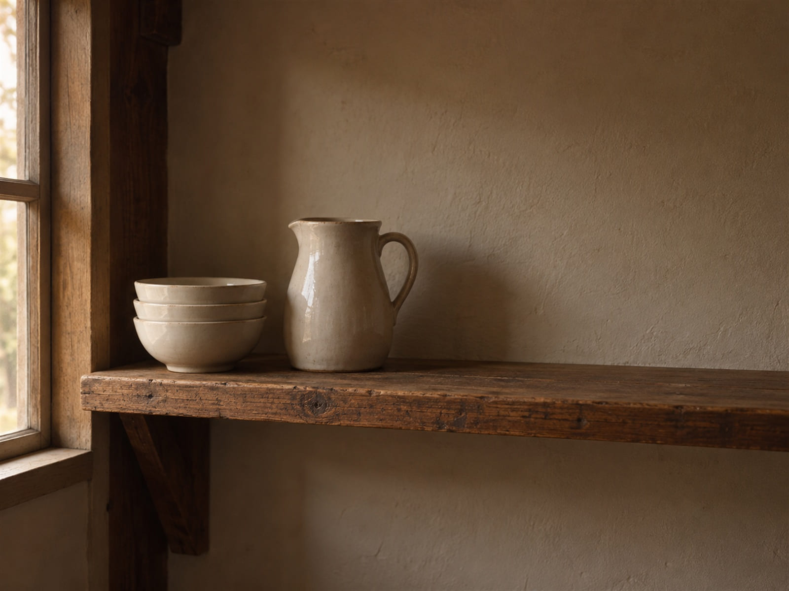 A stack of plain white bowls and a ceramic pitcher on an open wooden shelf in soft daylight