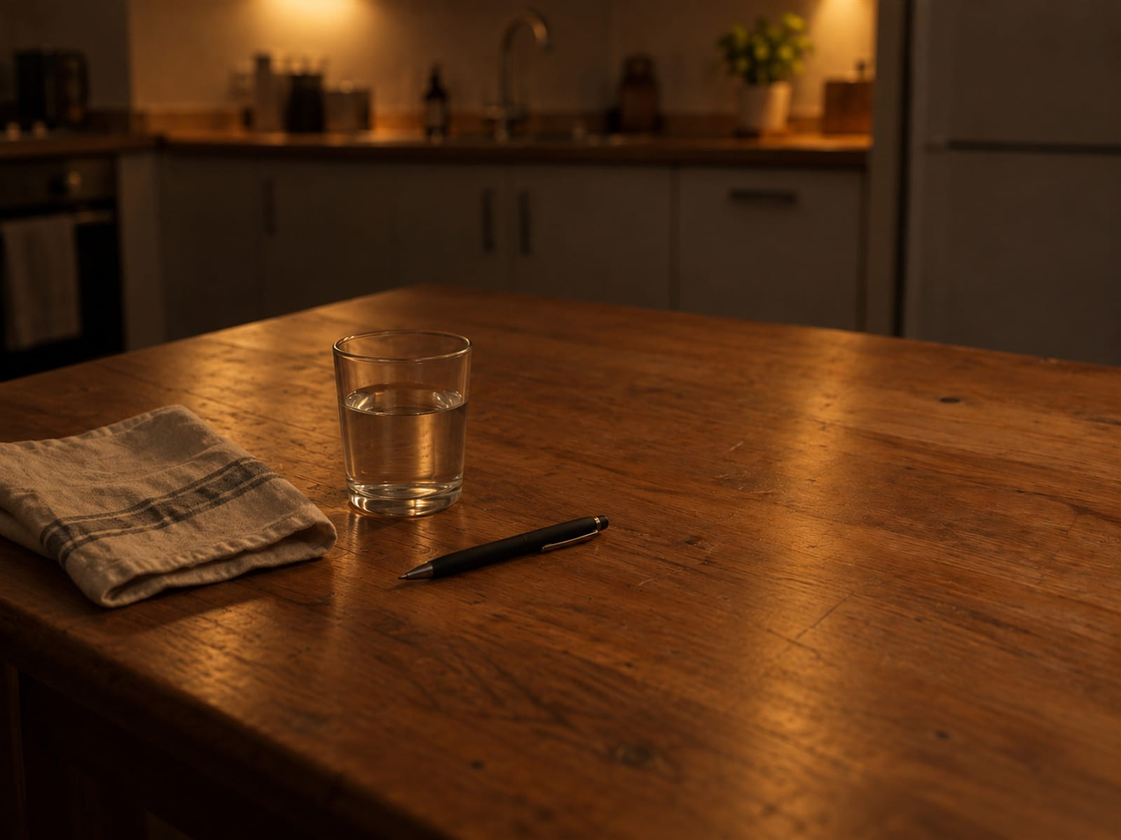 A folded cloth, a glass of water and a pen on a kitchen table