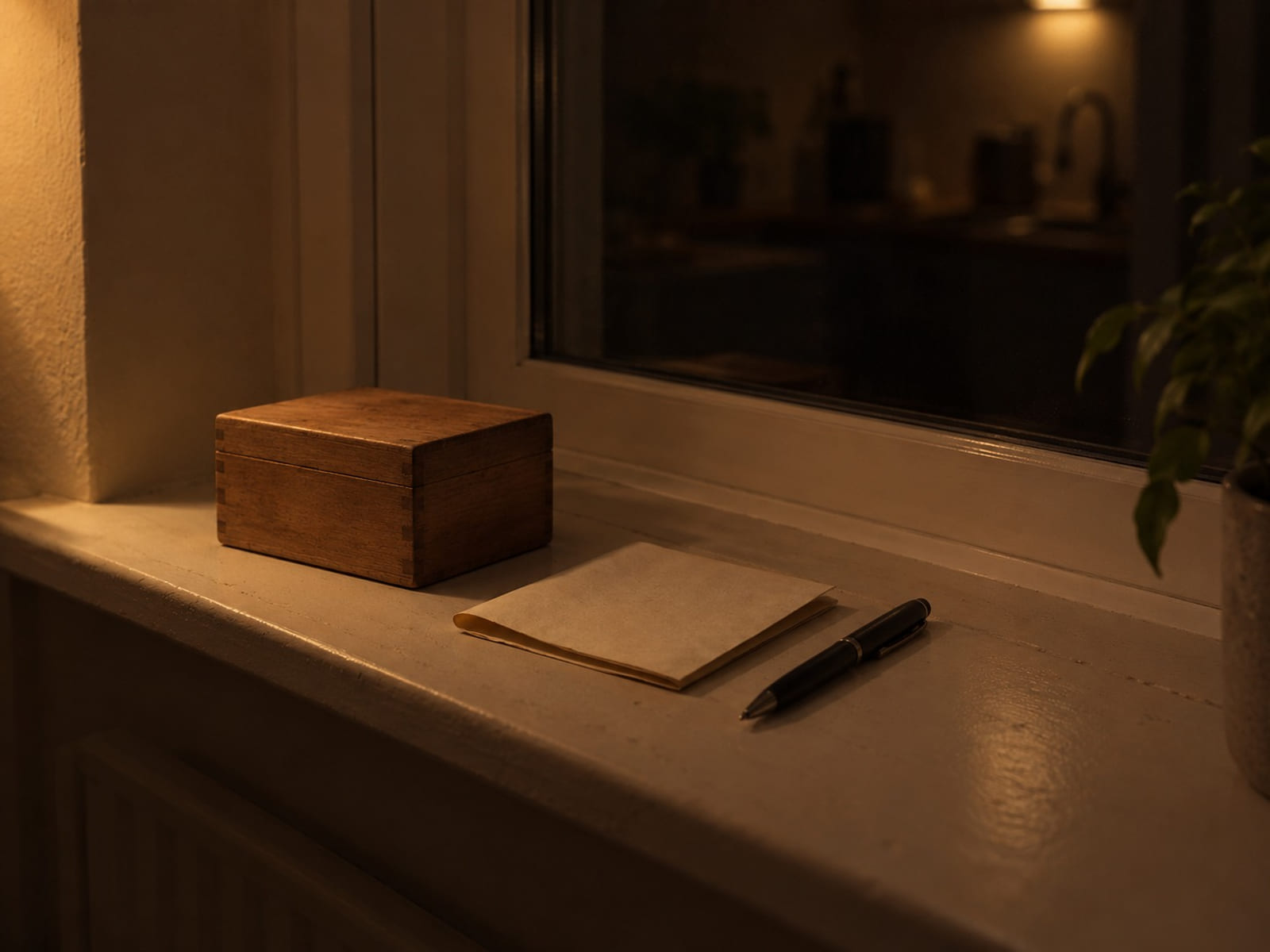 A plain wooden box with a folded handwritten list and a pen on a windowsill