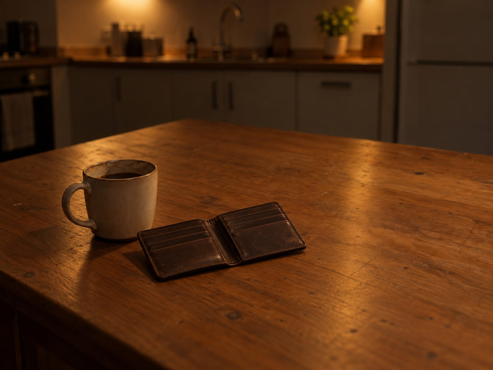 Una billetera abierta sobre una mesa de cocina, junto a una taza