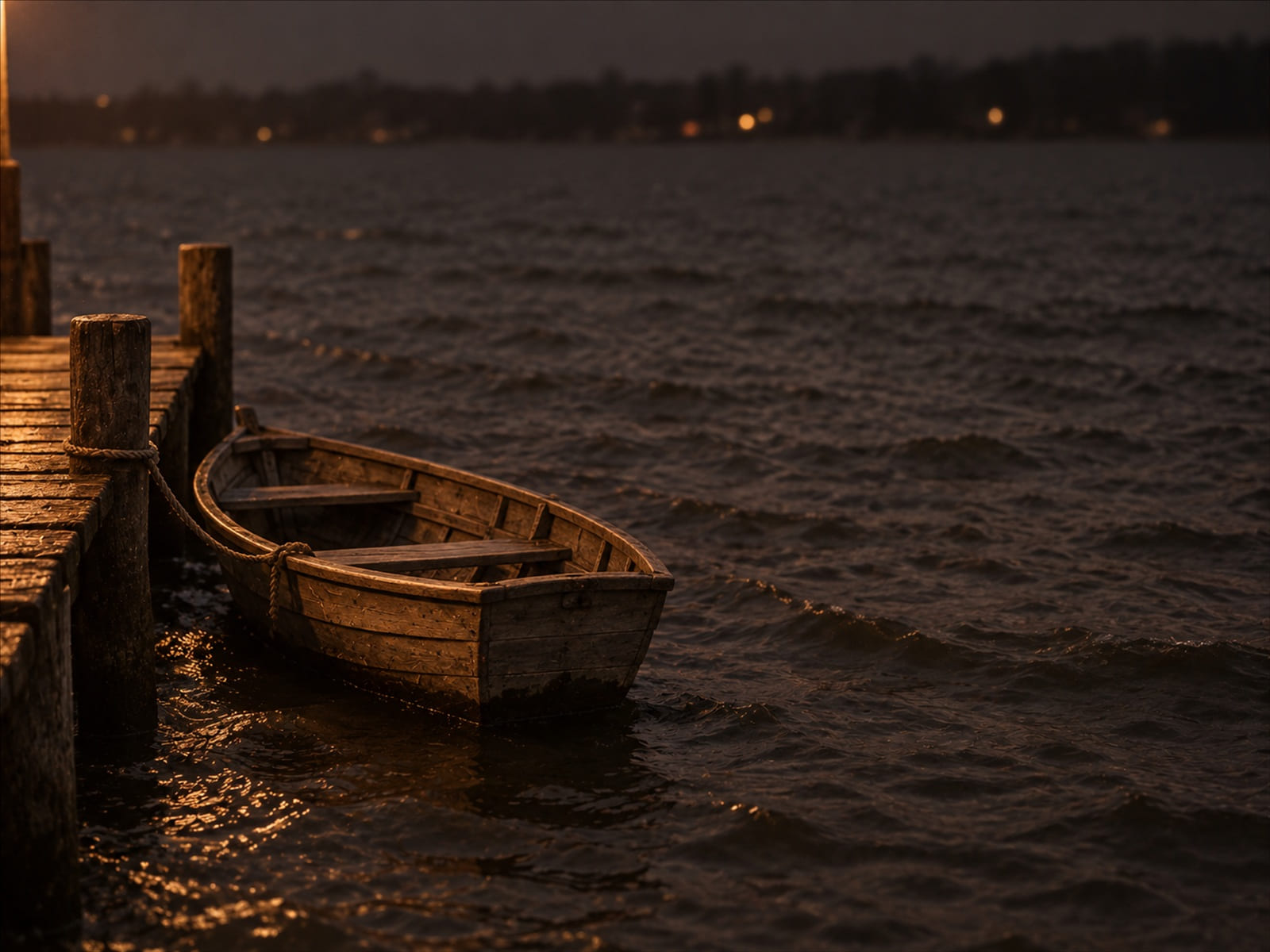 A small wooden rowing boat tied to a jetty on gray, choppy water
