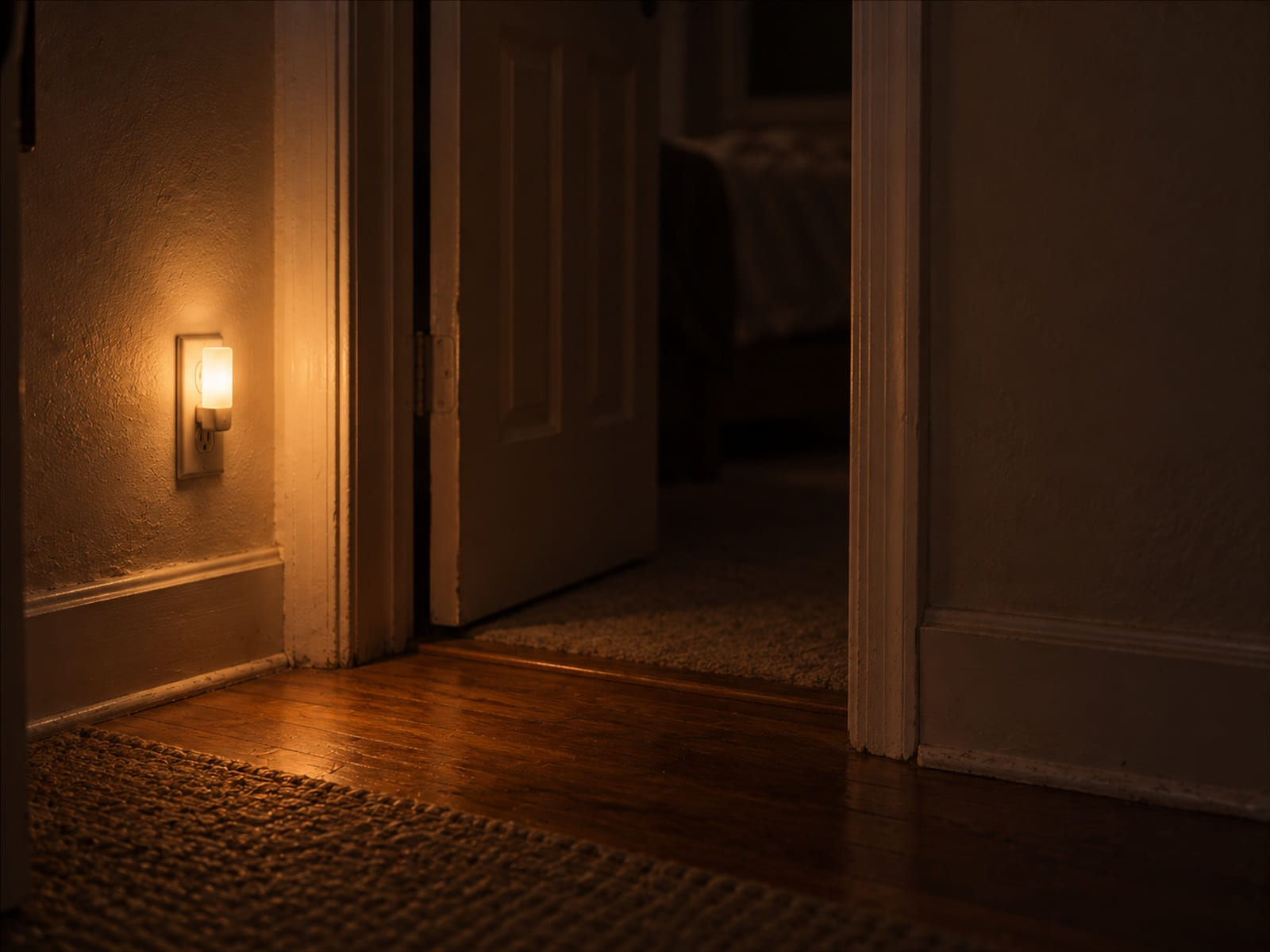 A small night light glowing in a hallway outlet beside a half-open bedroom door