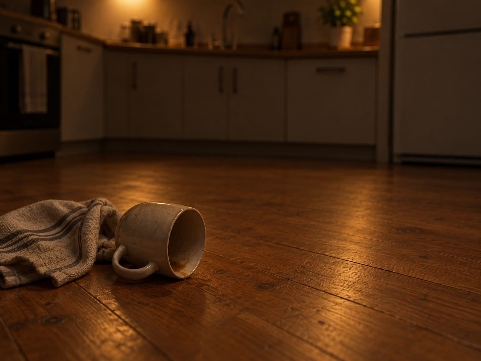 A coffee mug lying on its side on a kitchen floor next to a folded dish towel