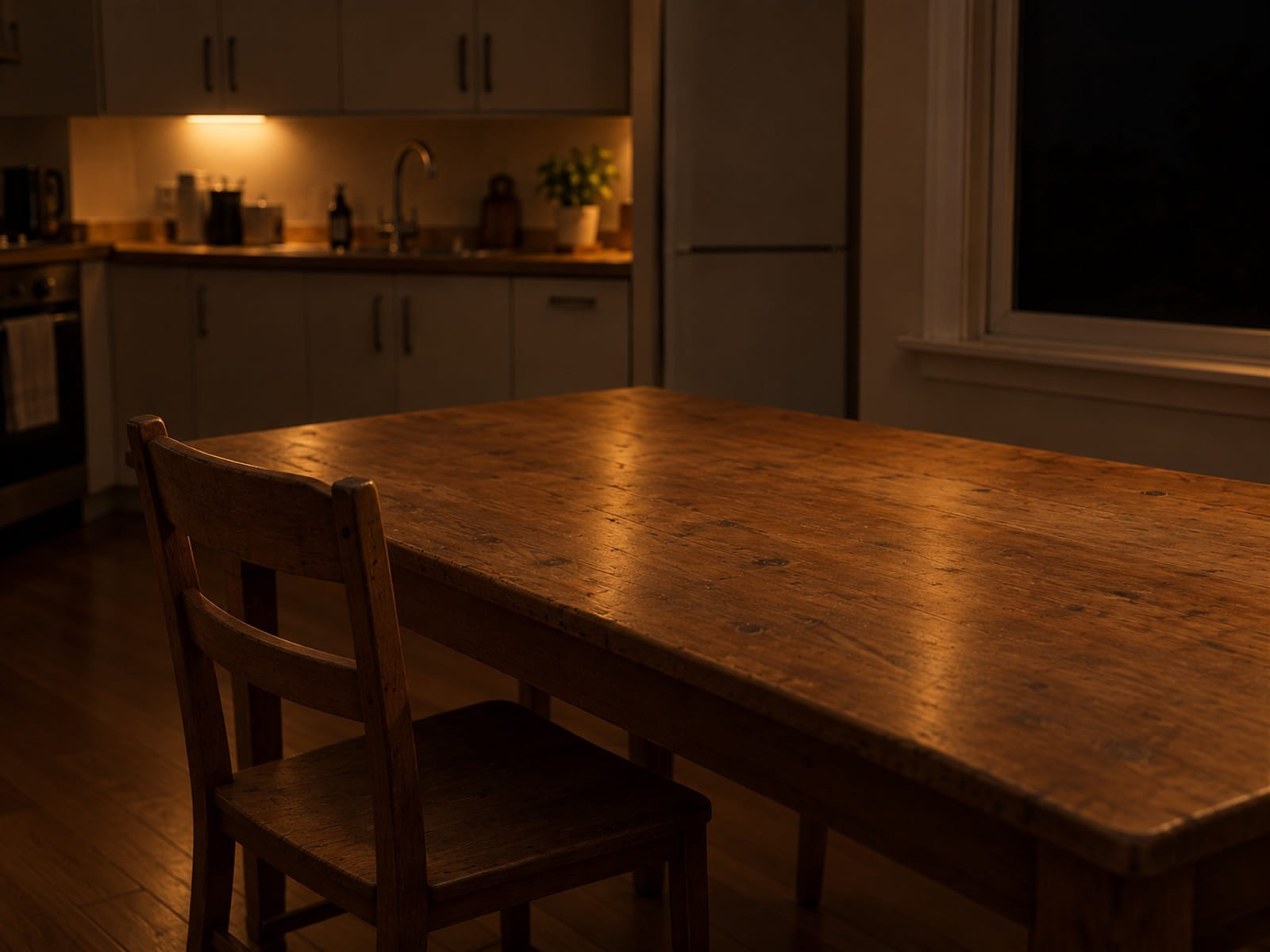 An empty wooden chair pulled up to a plain kitchen table beside a window