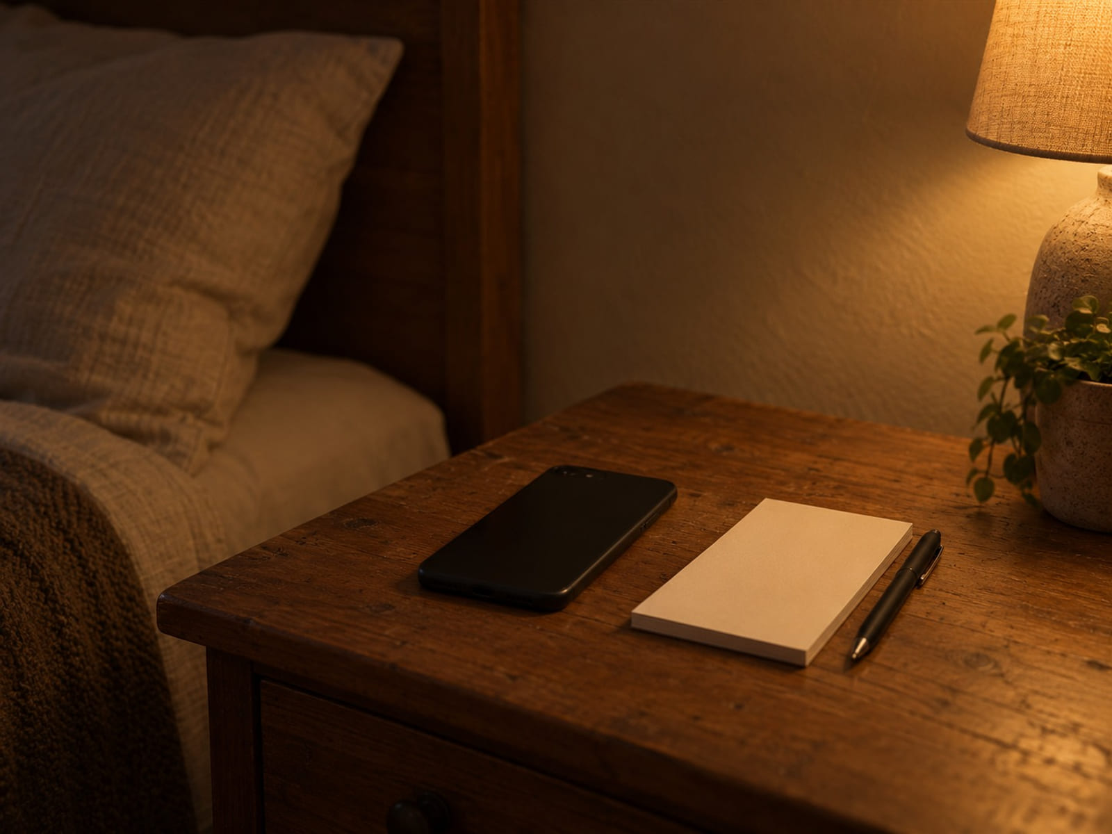 A phone on a bedside table beside a notepad and a pen
