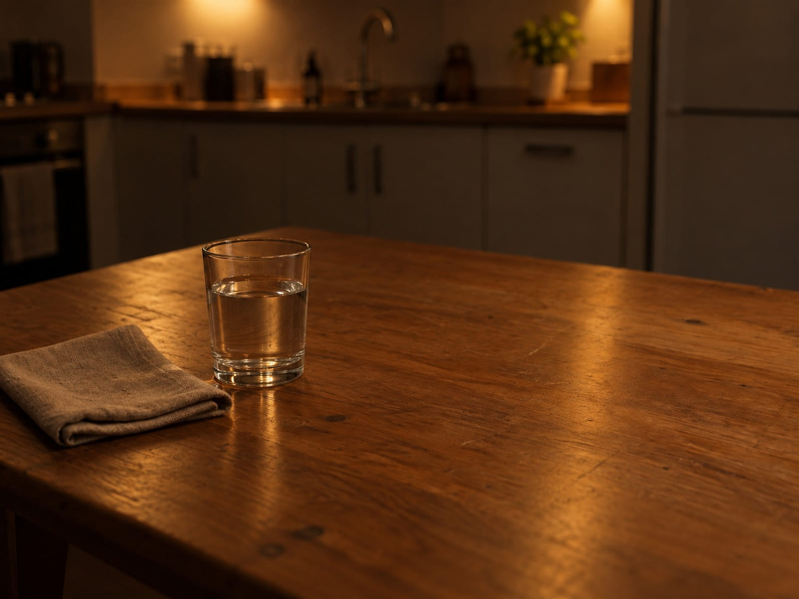 A clear glass of water on a kitchen table beside a folded napkin