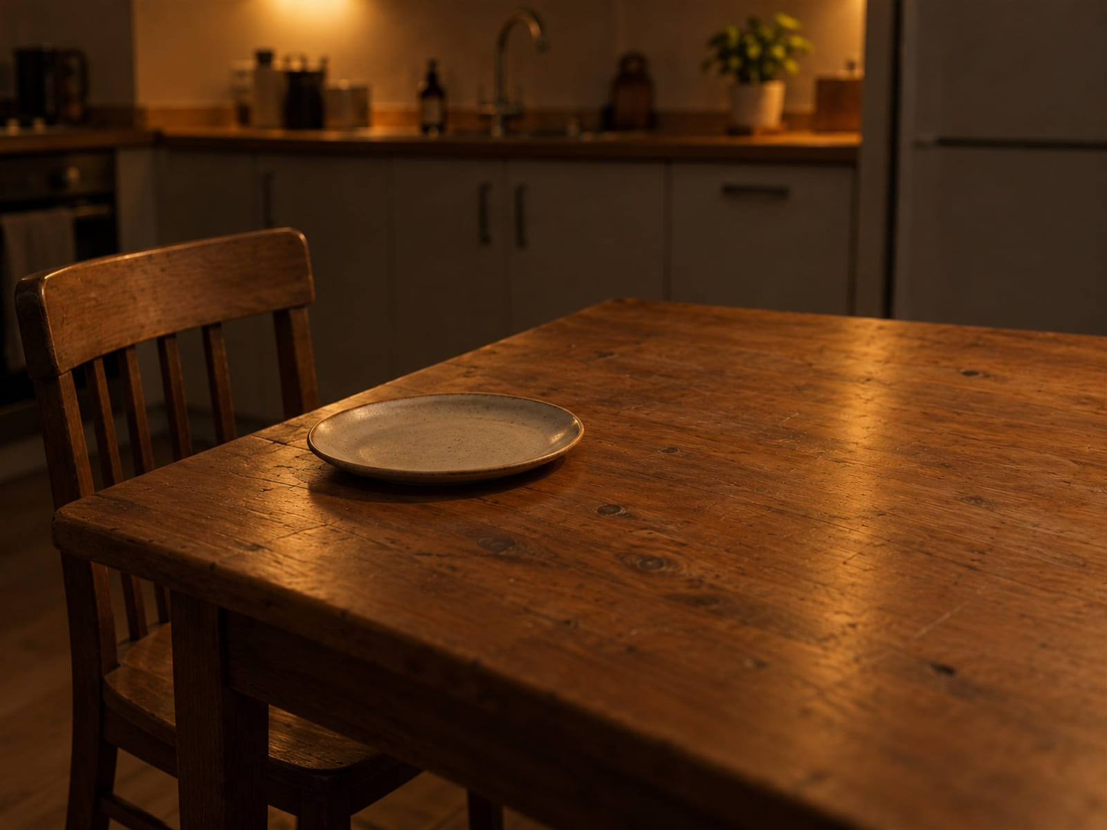 An empty wooden chair at a long dinner table beside a set plate
