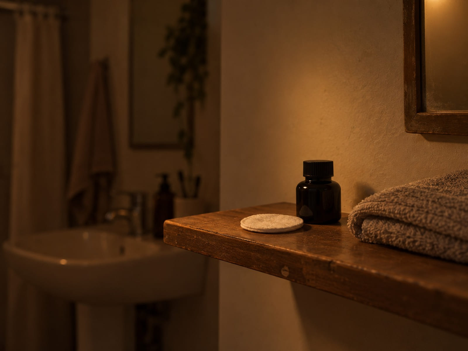 A small ink bottle and a clean cotton pad on a bathroom shelf beside a folded towel