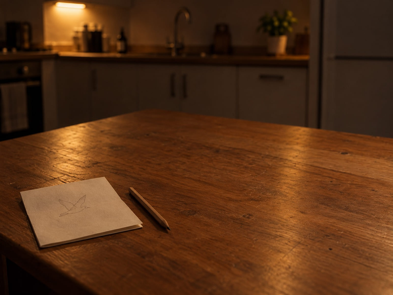 A folded paper sketch of a small bird design on a desk beside a pencil