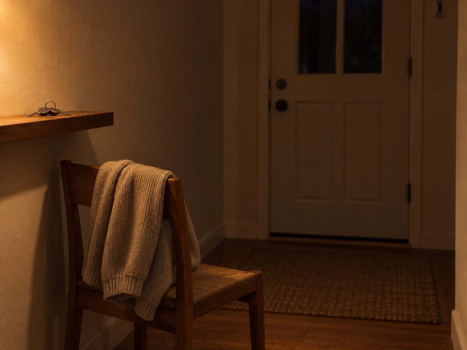 A sweater folded over a chair beside a closed front door, with a set of keys on a small hallway shelf