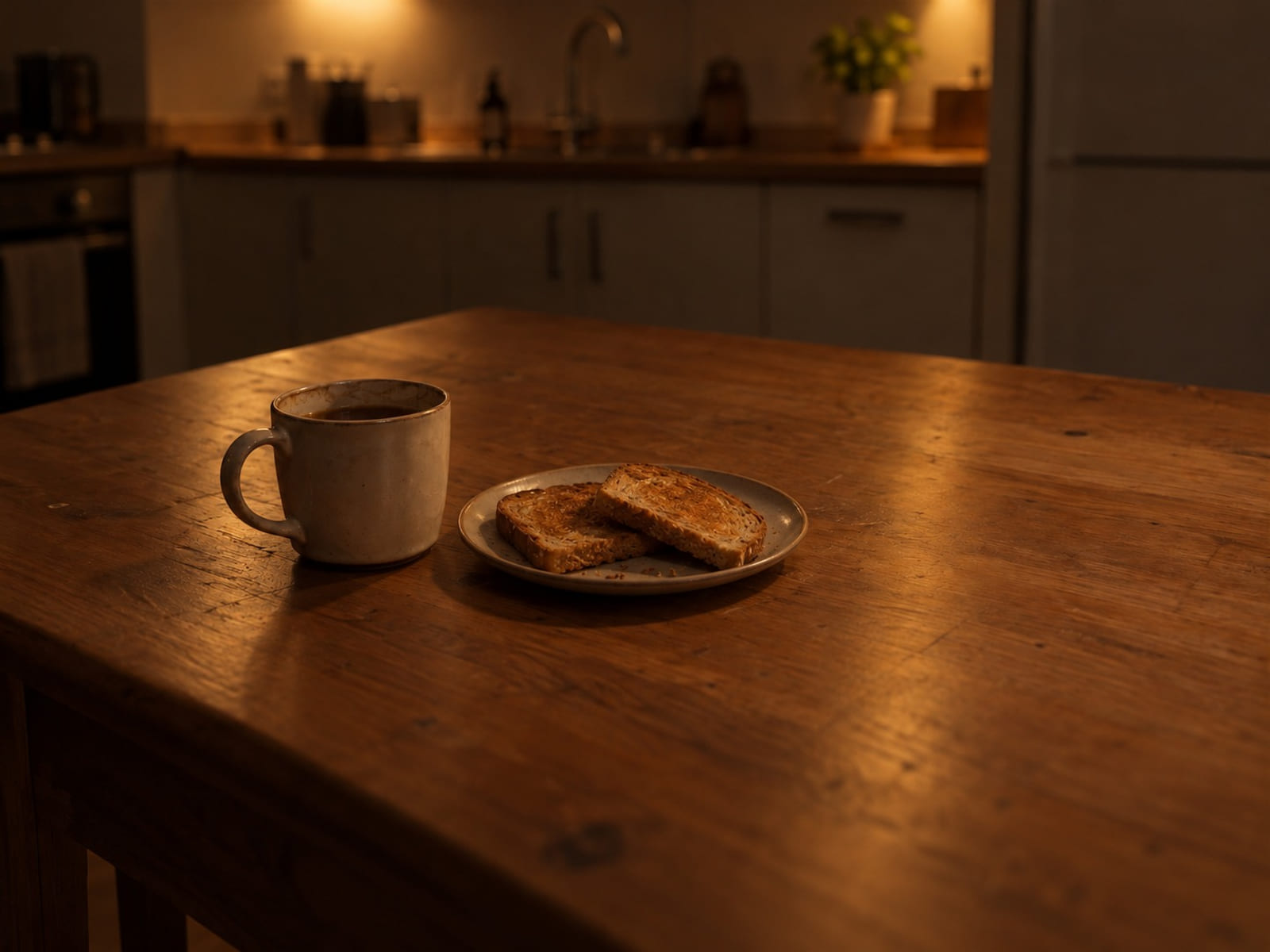 A mug of tea and a plate of toast on a kitchen table in morning light