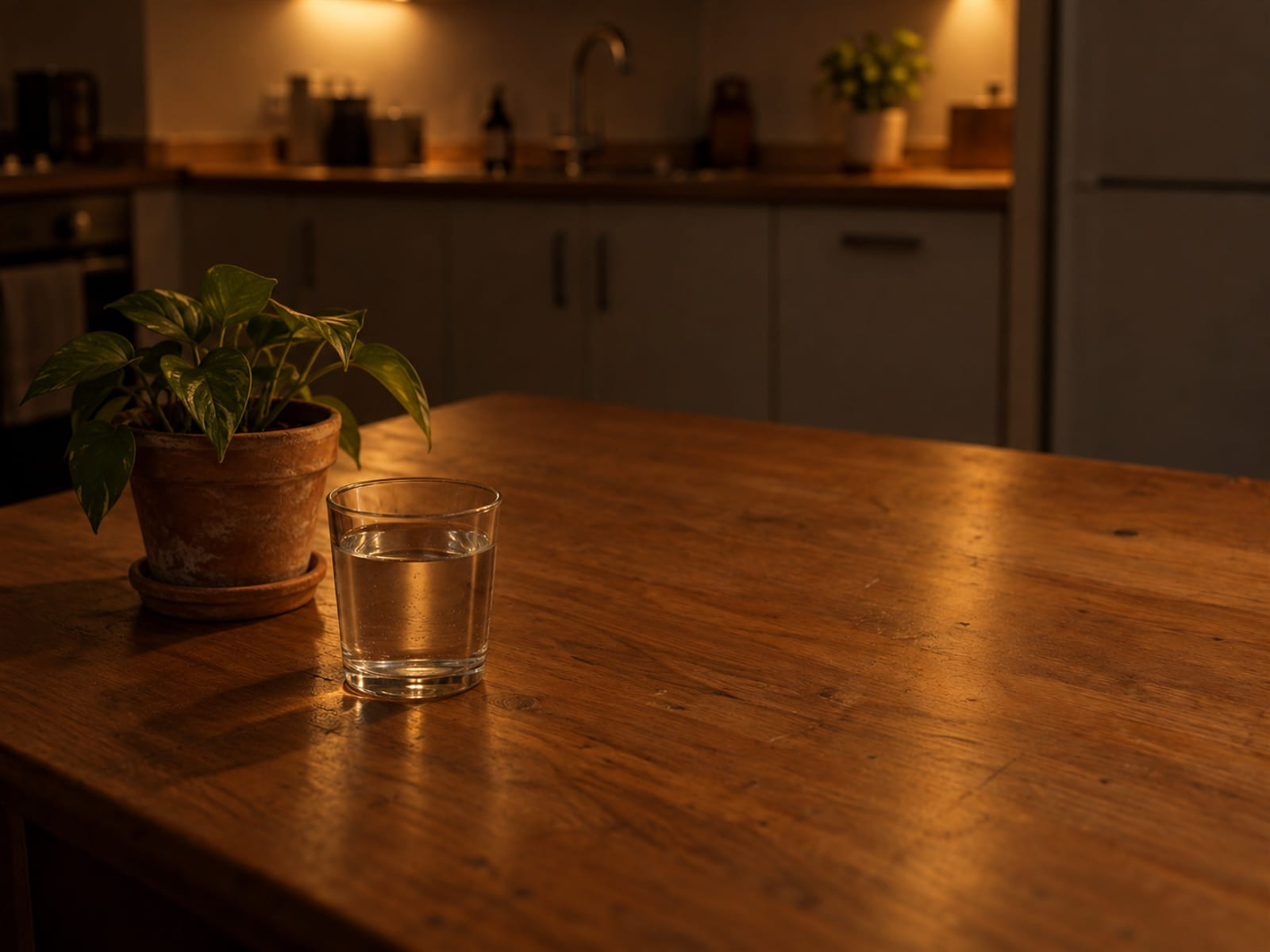 A glass of water and a small houseplant on a kitchen counter at night