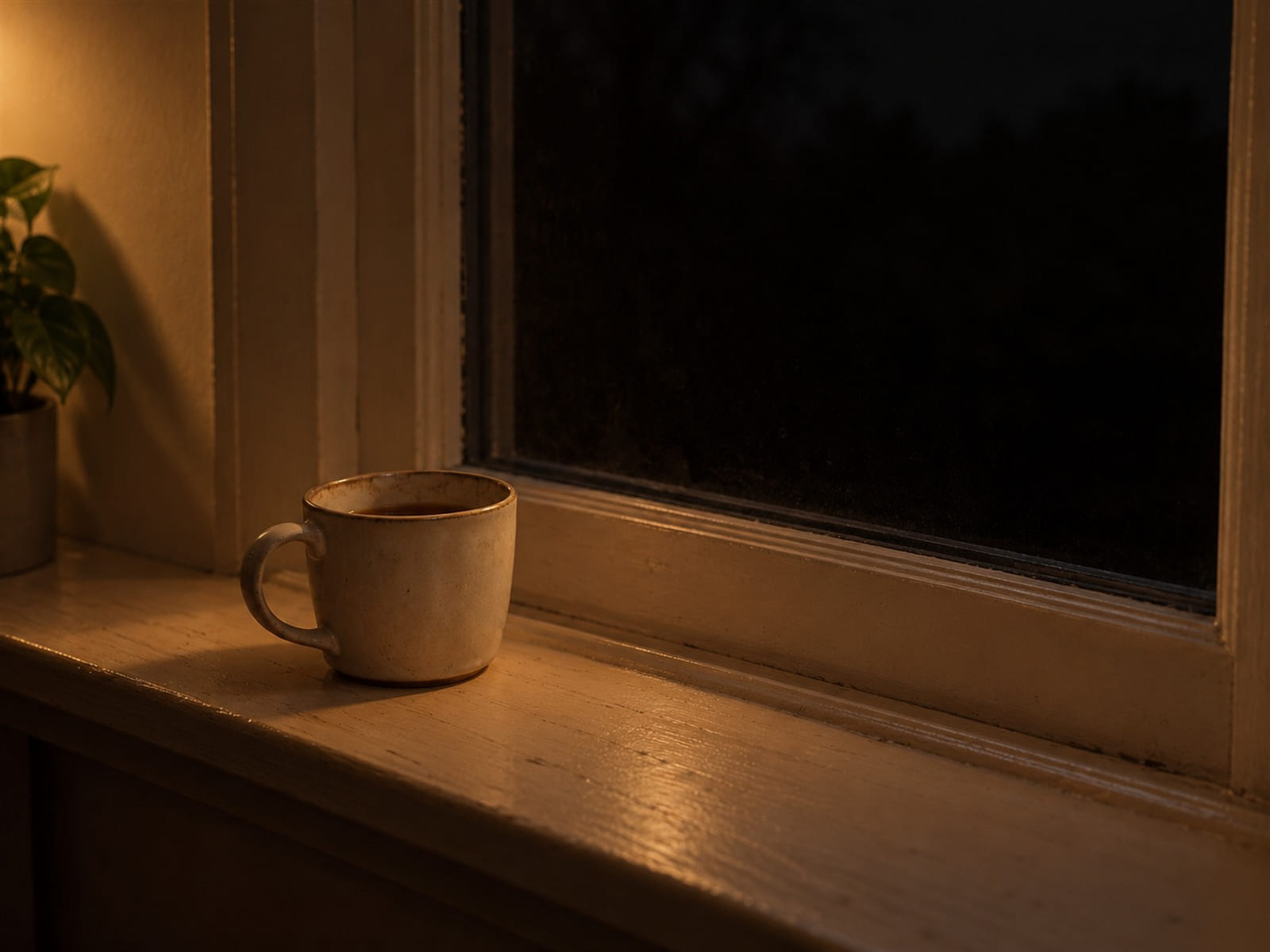 A mug of tea on a windowsill at night, the street dark outside