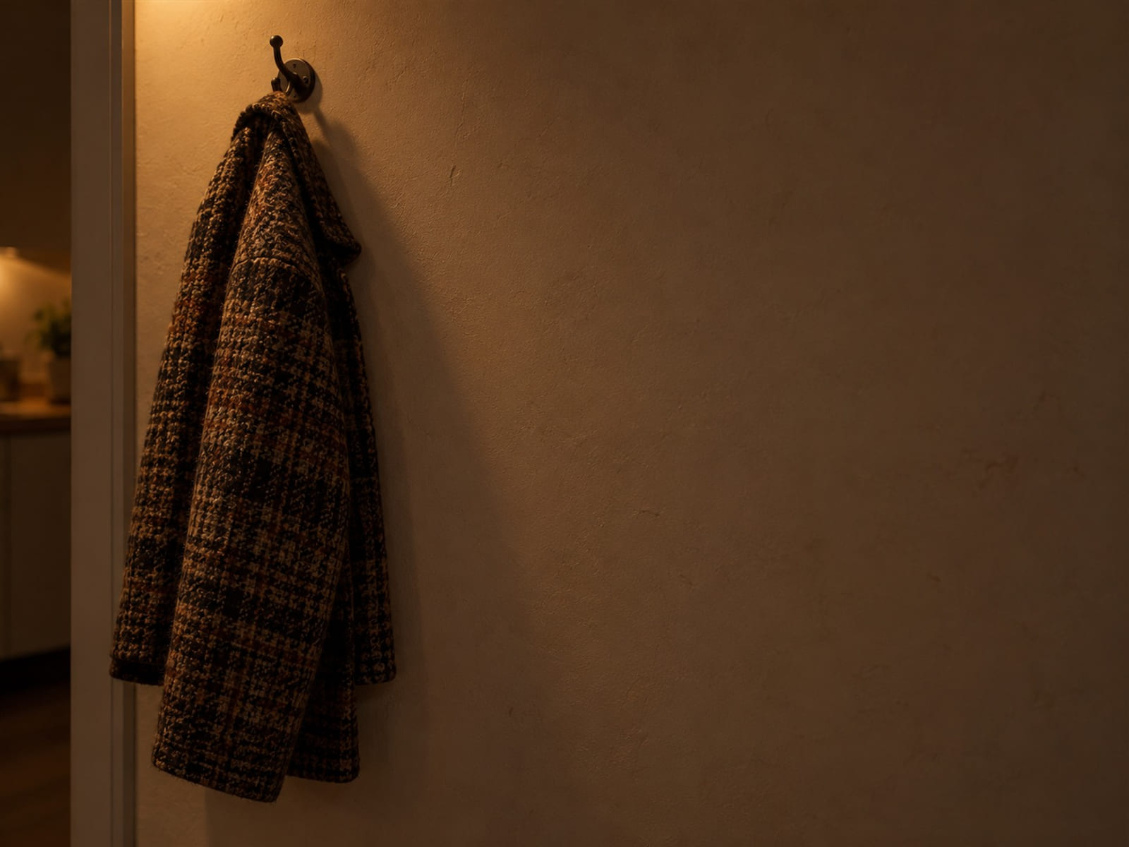 A patterned wool coat hanging on a hook against a plain wall