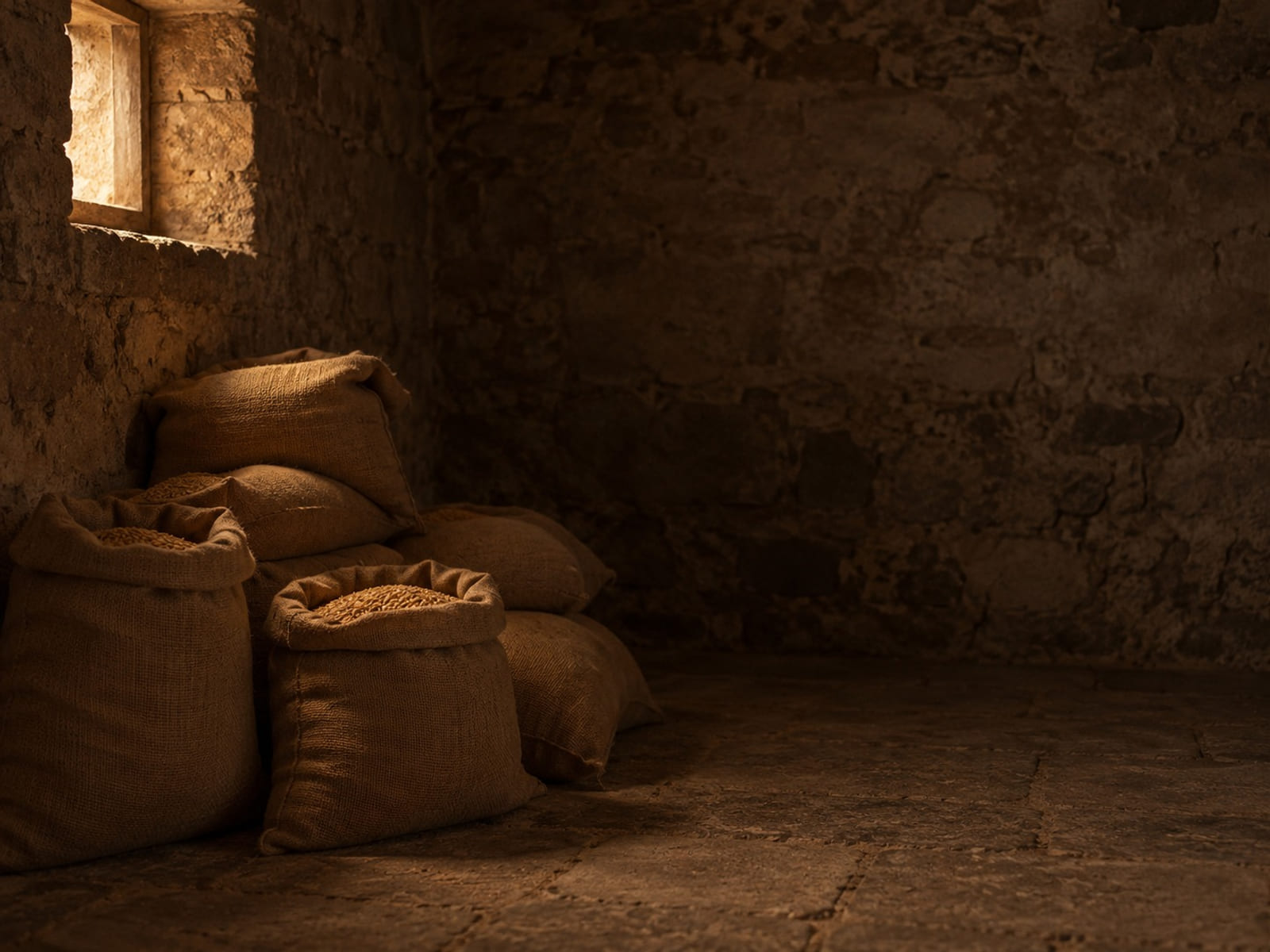 Burlap sacks of grain stacked in a stone storeroom, light from a high window