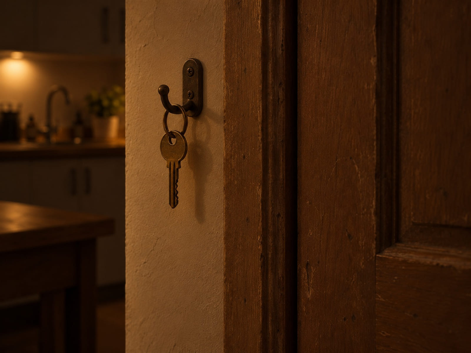 A brass house key hanging on a hook beside a wooden door
