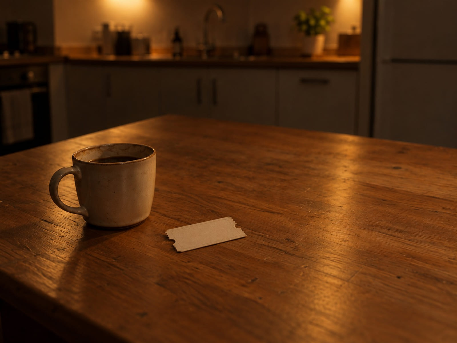 A blank ferry ticket stub on a wooden table