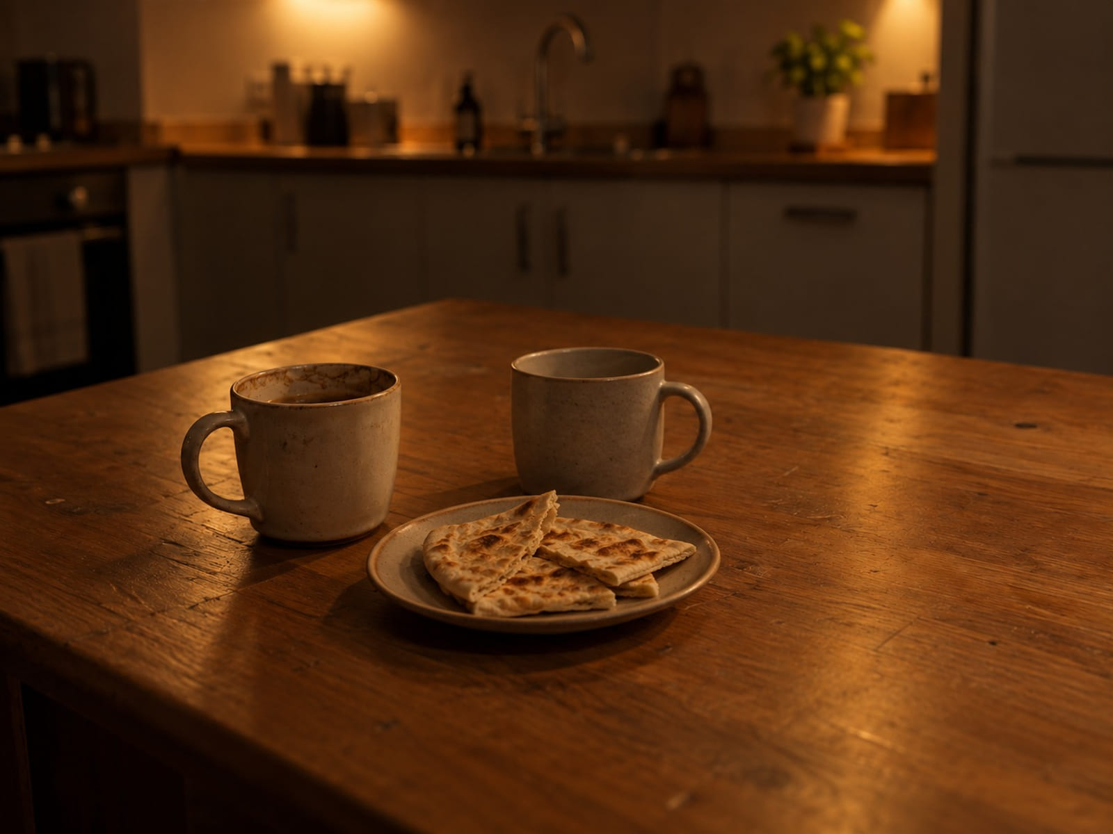 Two empty coffee cups and a plate of flatbread on a wooden kitchen table