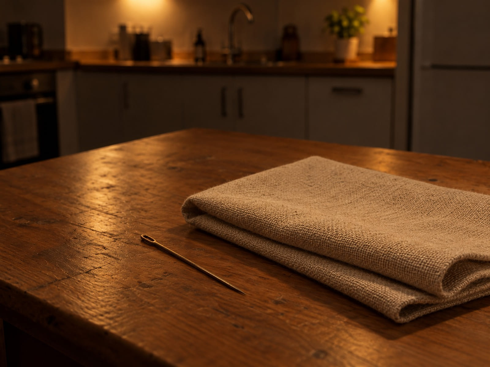 A needle and a folded length of coarse canvas on a wooden table