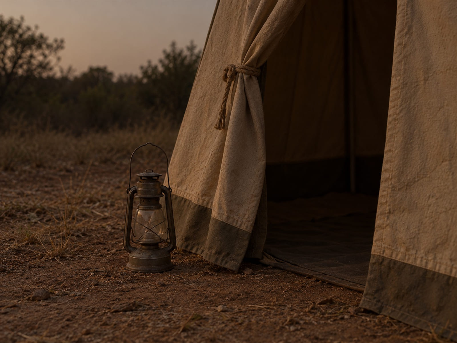 A canvas tent flap tied back at dusk, with an unlit lantern on the ground beside the opening