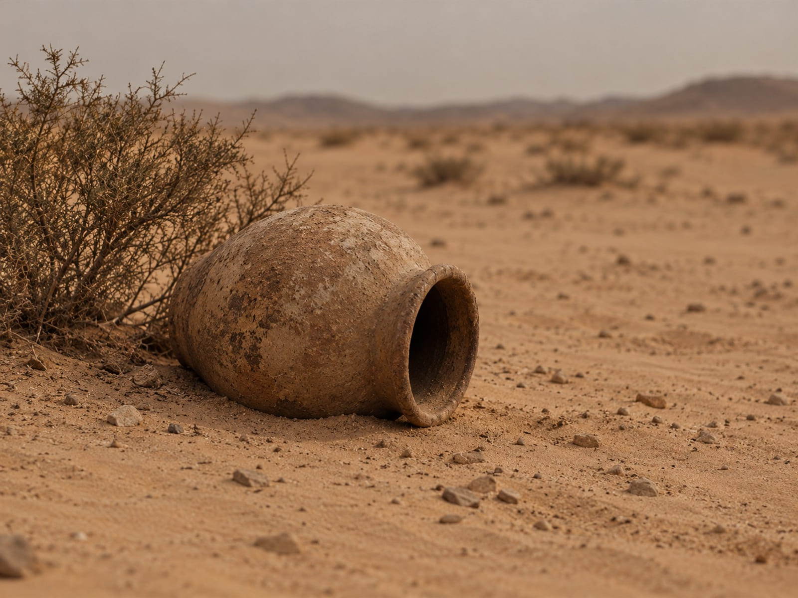 A clay water jar lying on its side in pale sand beside a dry scrub bush
