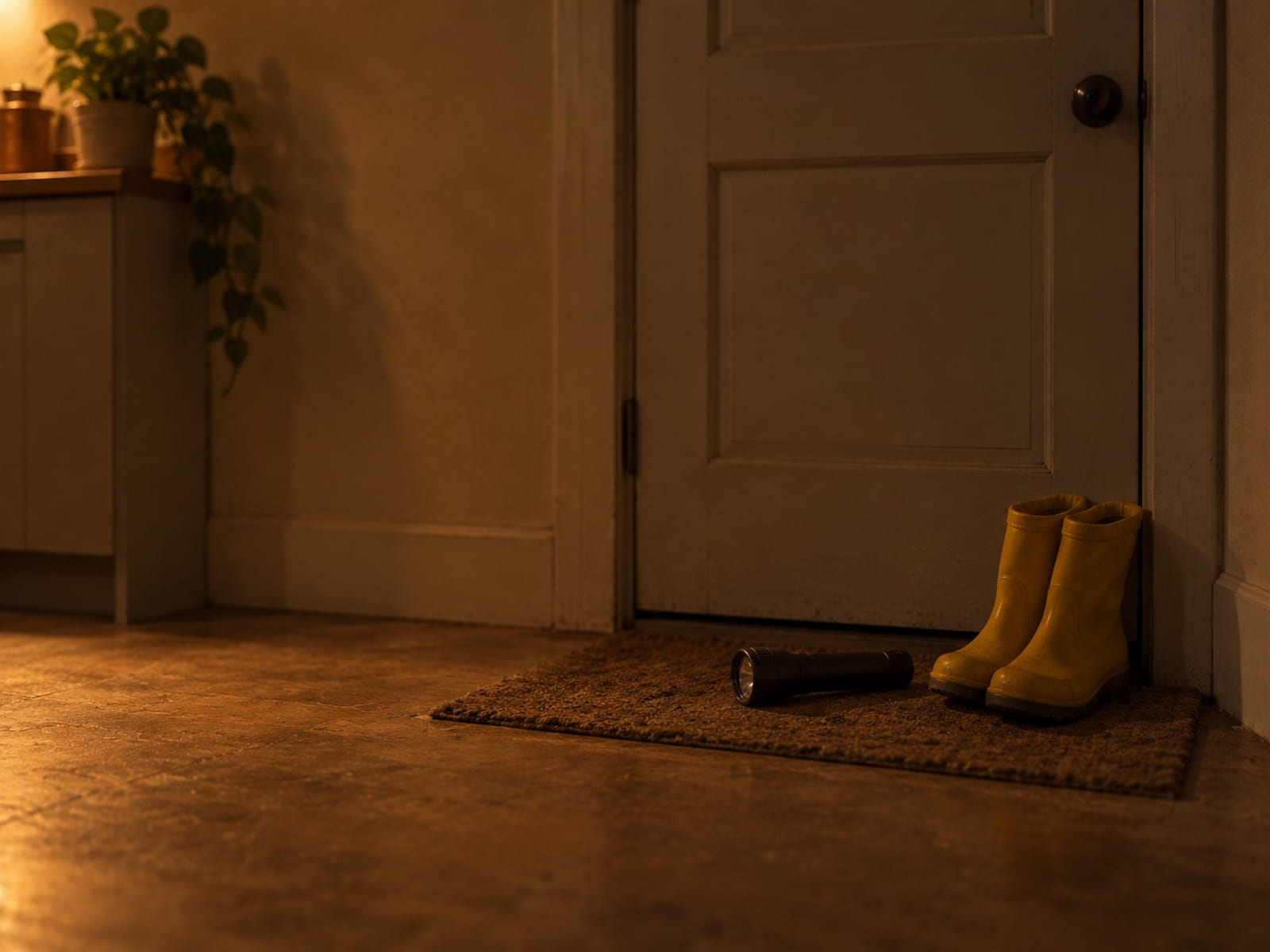 A flashlight and folded yellow rain boots on a mat by a closed back door
