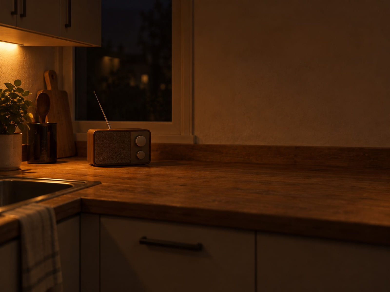 A kitchen radio with a silver antenna on a counter by a window
