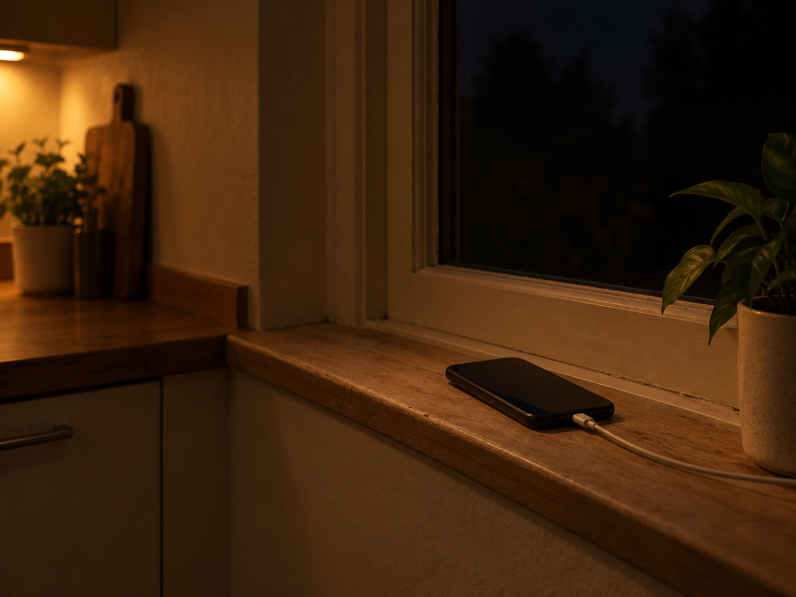 A phone face up on a windowsill with a charging cable beside it