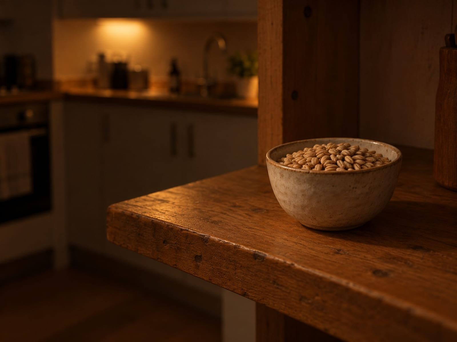 A small ceramic bowl of dried barley grains on a wooden shelf