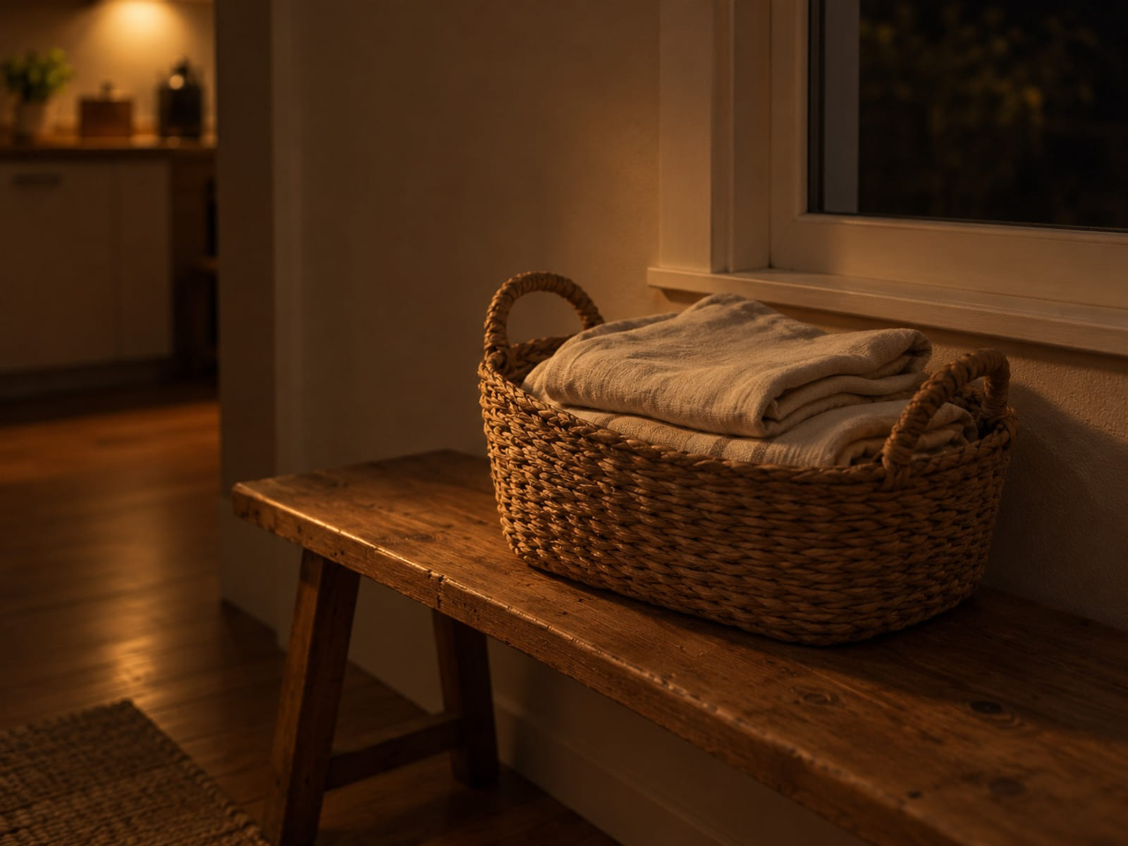 A woven basket of folded linen on a wooden bench by a window