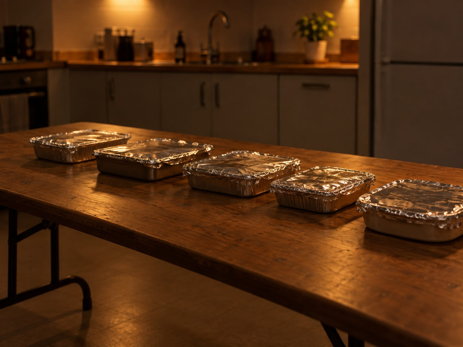 A row of foil-covered dishes on a long folding table in a plain hall kitchen