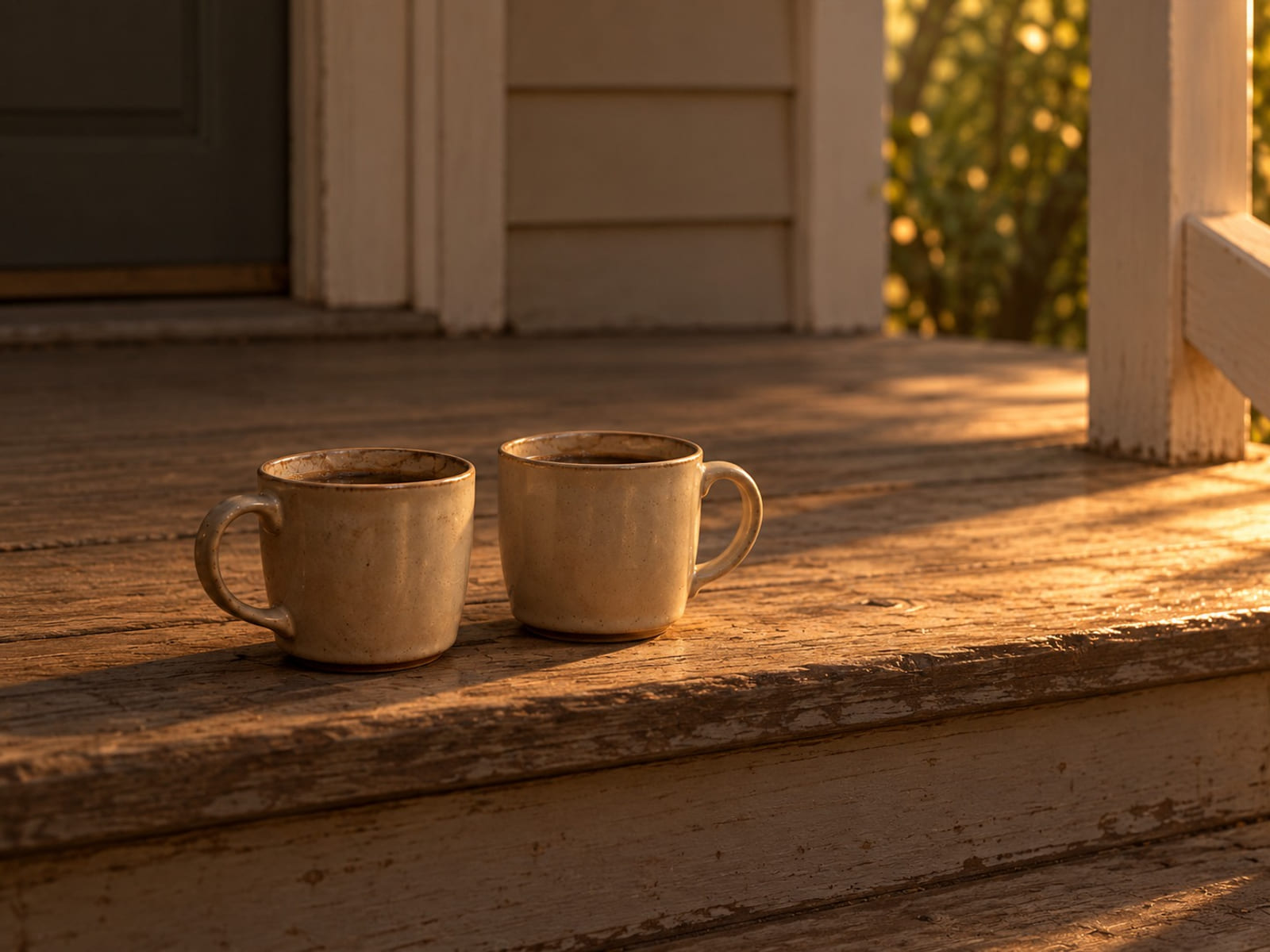 Two coffee cups on a porch step in morning light