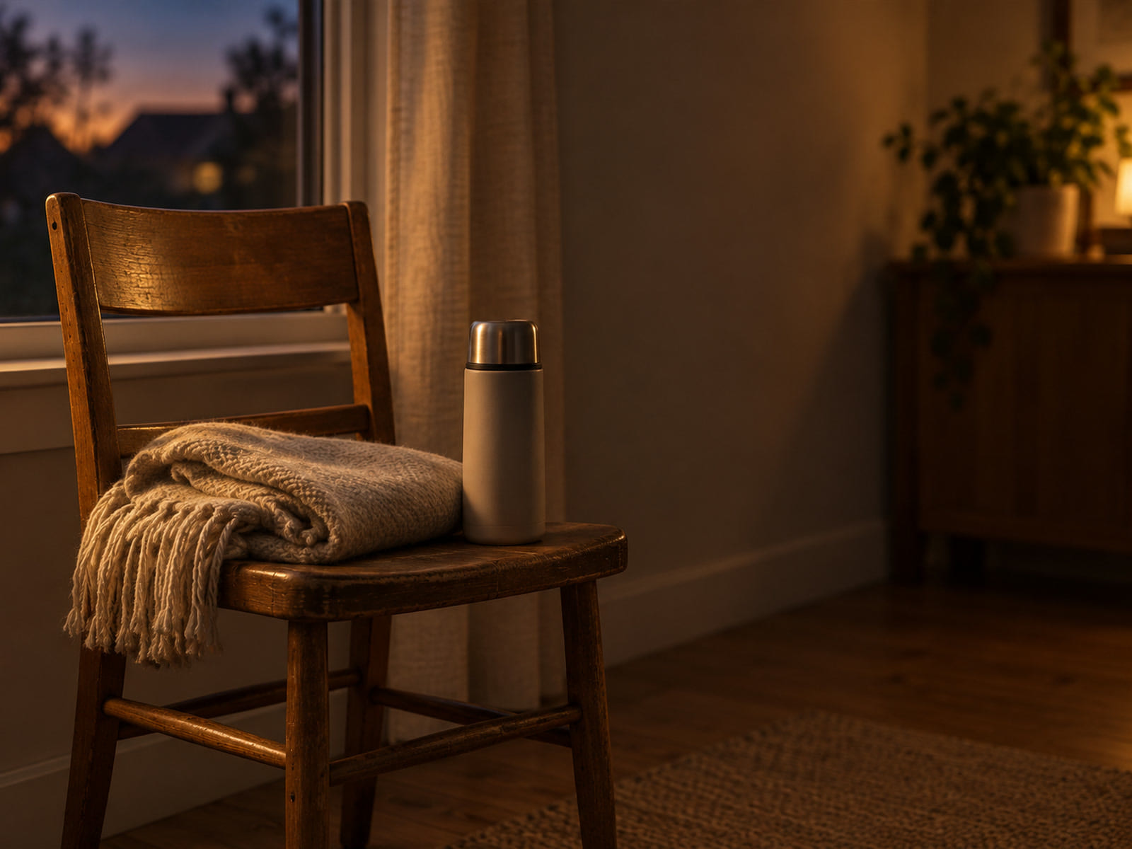 A folded blanket and a thermos on a wooden chair by a window at dusk