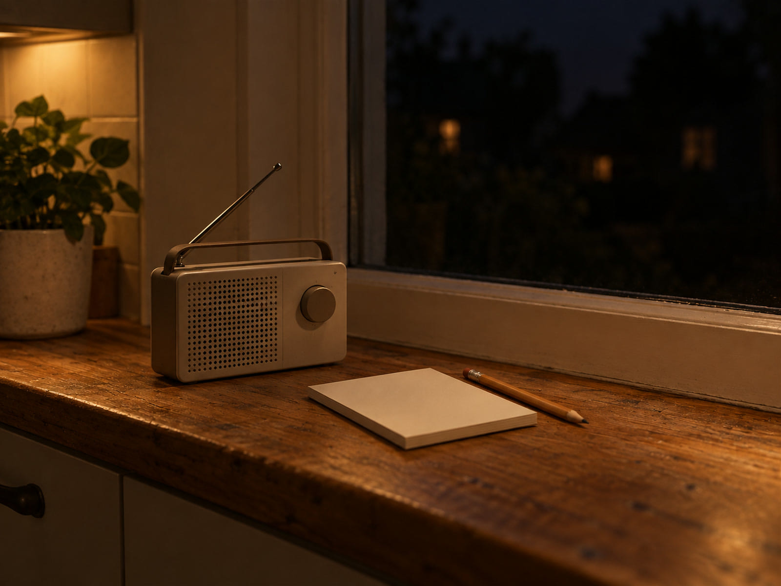 A small battery radio on a windowsill beside a blank notepad and a pencil, at night