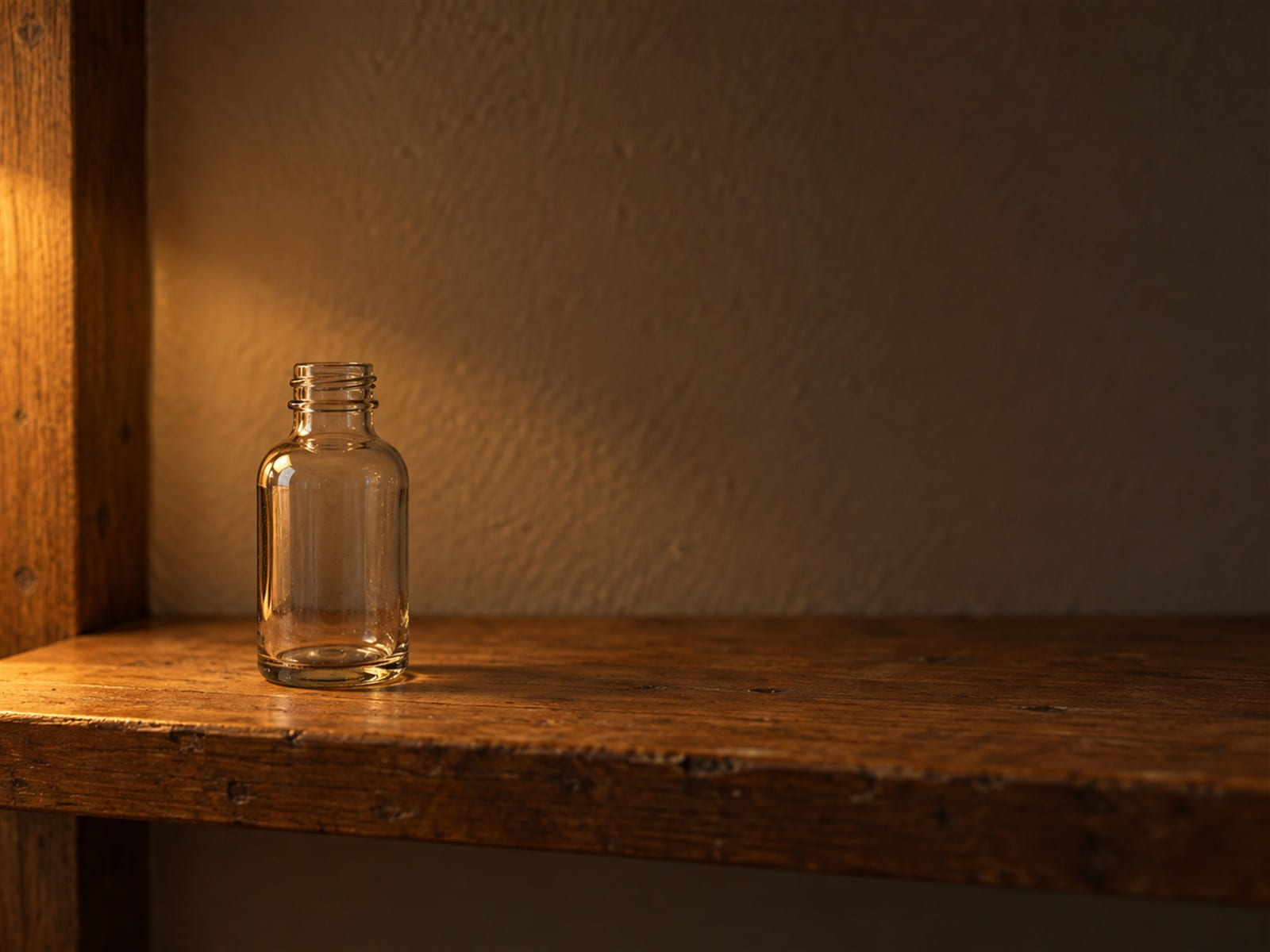 A small empty glass bottle on a wooden shelf, catching the light of a lamp