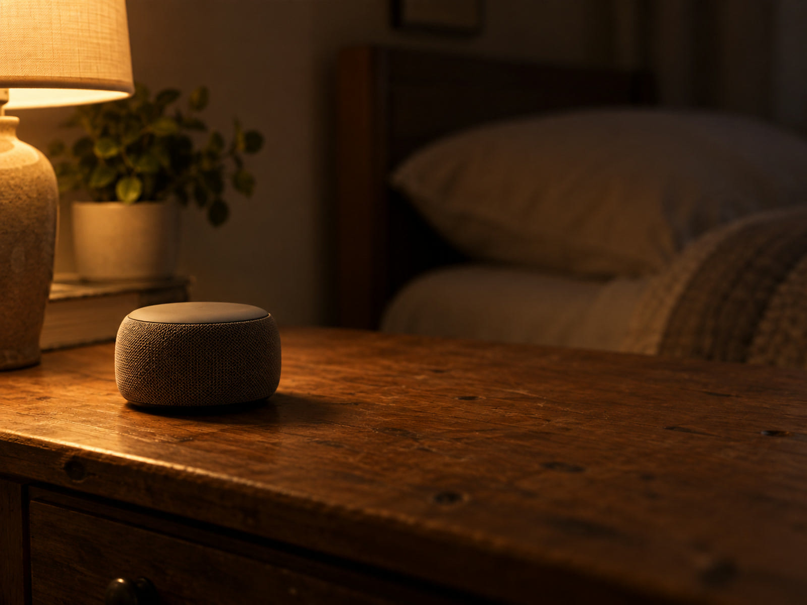 A small round speaker on a wooden nightstand in a dim room