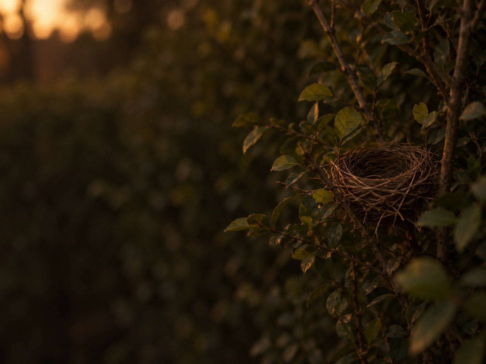 A bird's nest tucked in the branches of a hedge at dusk