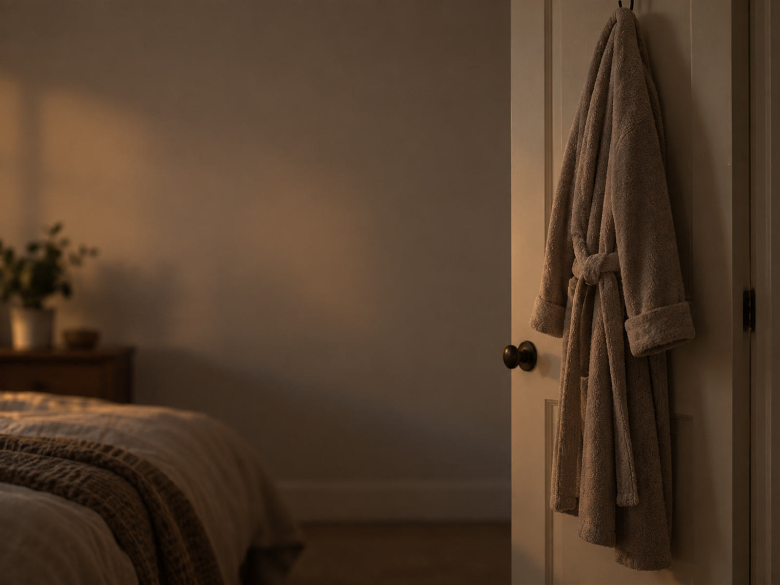 A bathrobe hanging on the back of a bedroom door in gray early light
