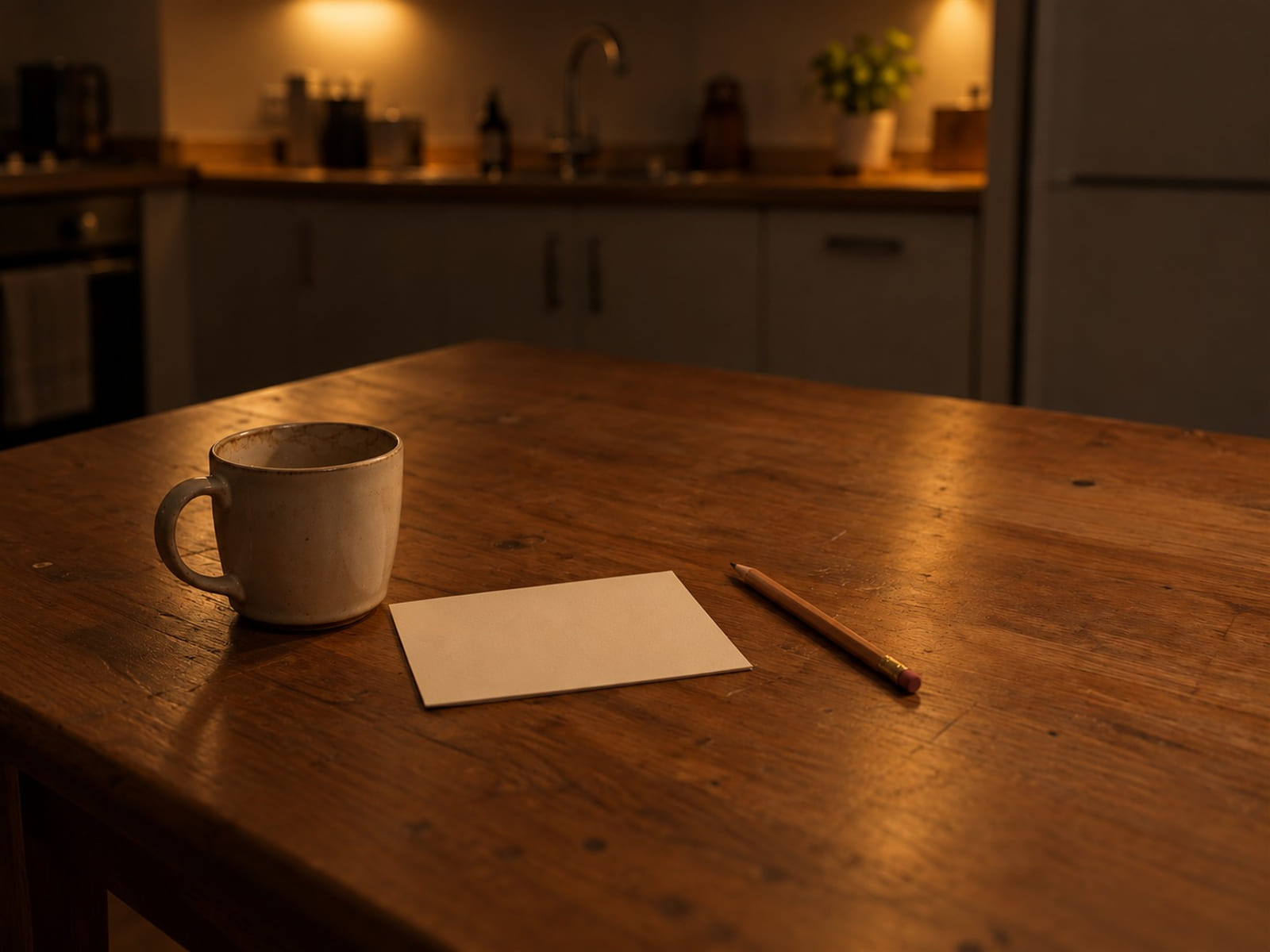 A blank cream card and a pencil on a kitchen table beside an empty mug