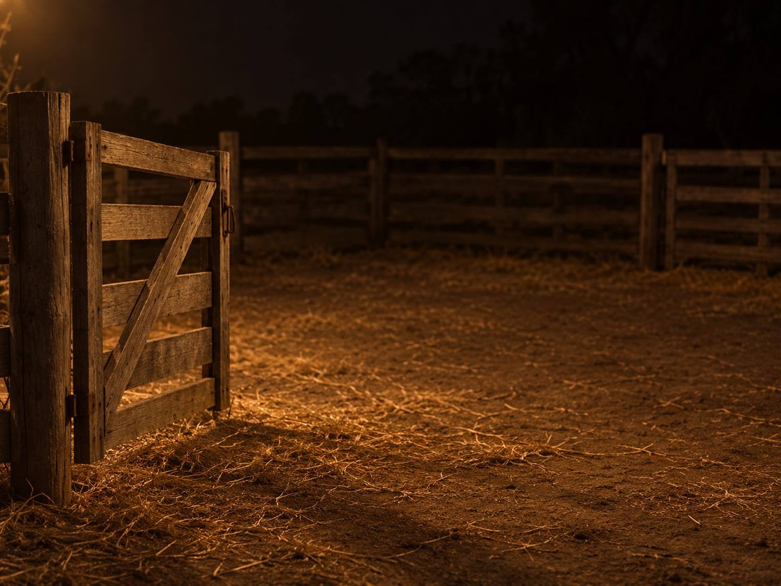 A wooden gate open on an empty sheep pen with straw on the ground