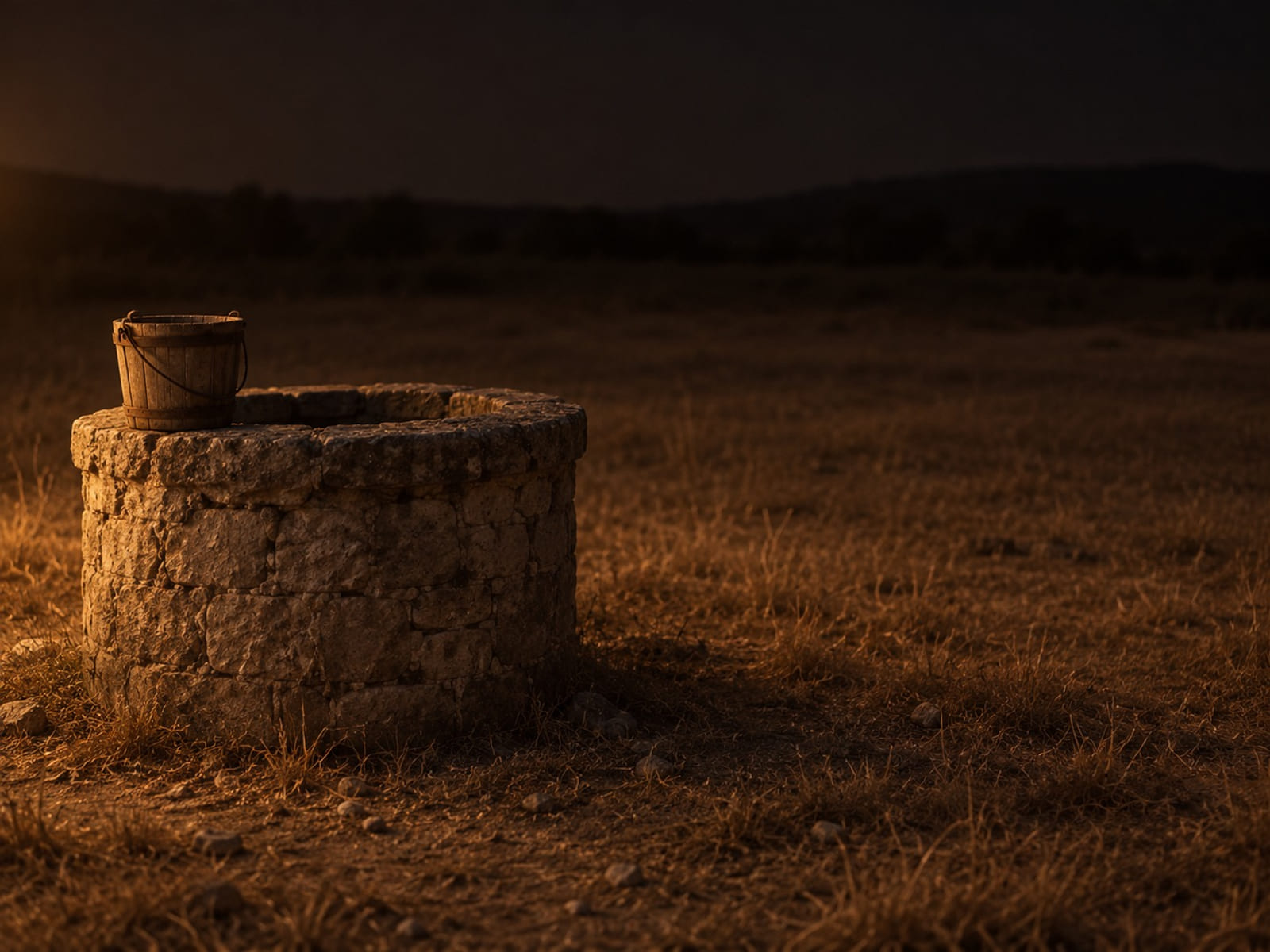 A stone-rimmed well in a dry field with an empty wooden bucket on the rim