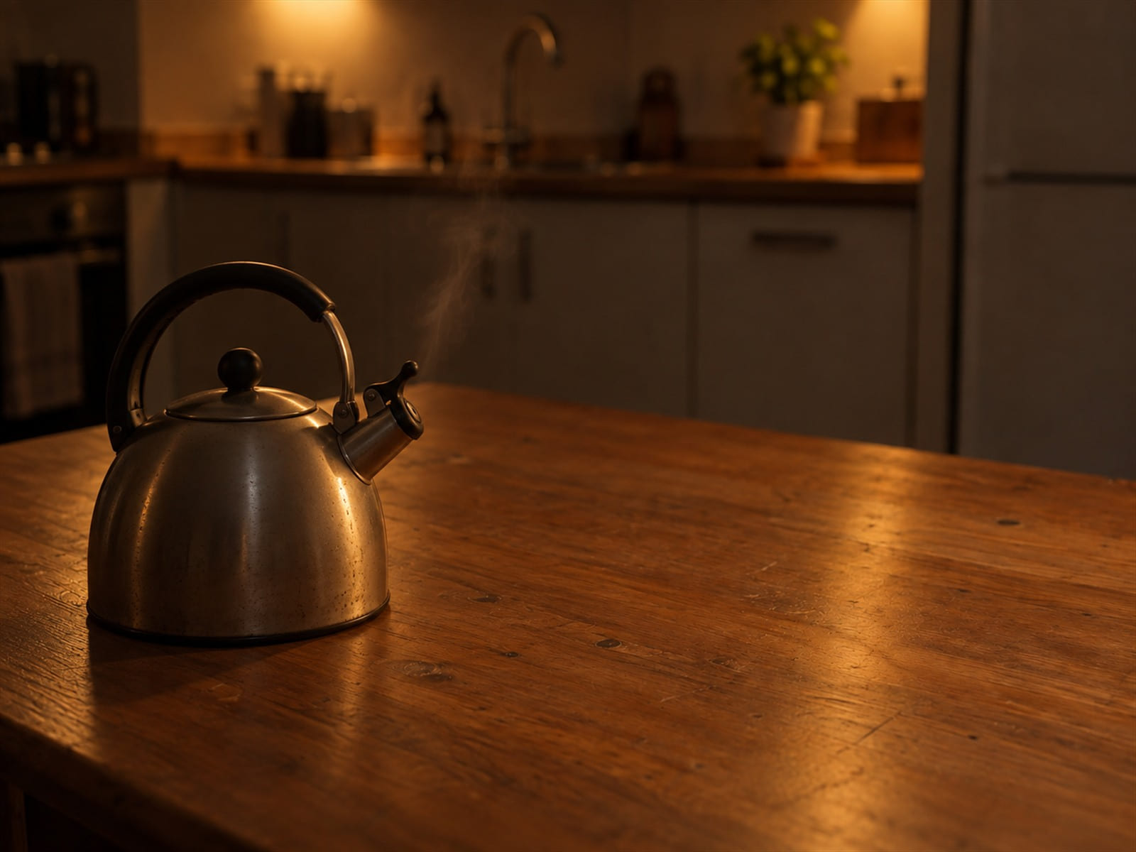 A kettle on a kitchen counter in early morning light, a little steam just starting