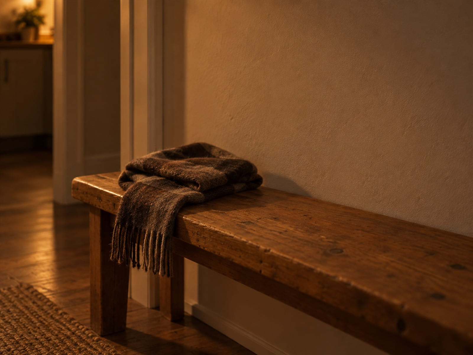 A folded wool scarf on a hallway bench in soft daylight