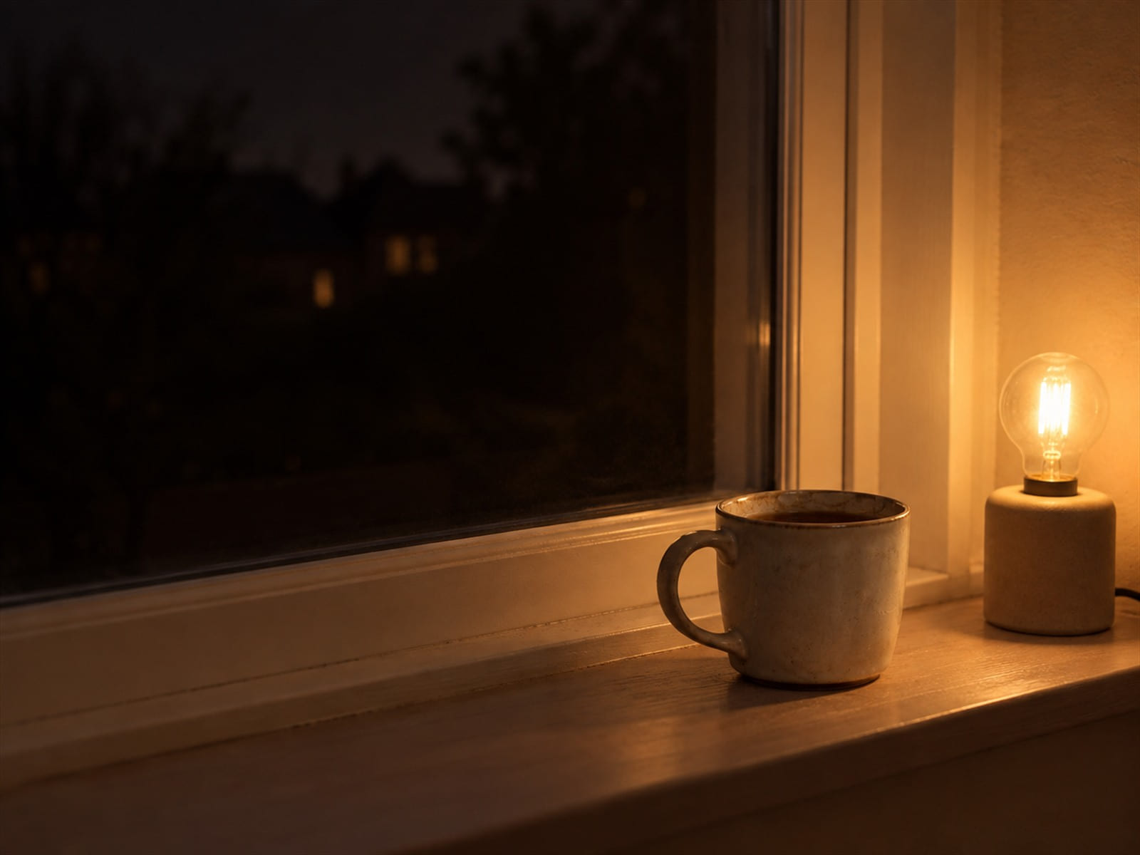 A mug of tea on a windowsill at night beside a small lamp