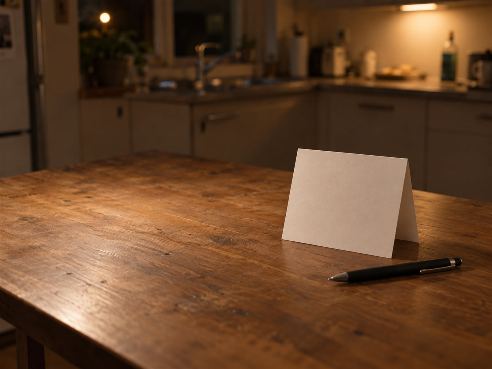 An open book on a kitchen table late at night, one lamp on and the rest of the room dark
