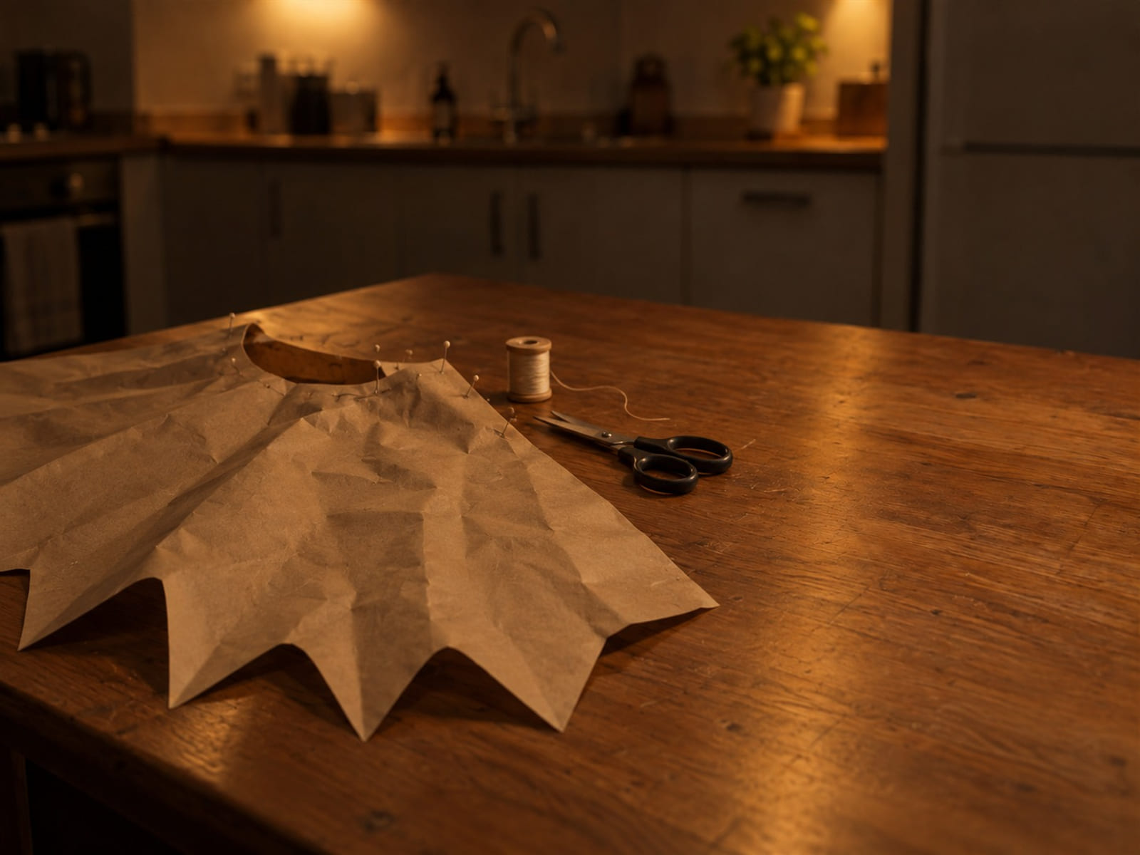 A half-finished paper cape pinned flat on a table beside scissors and a spool of thread